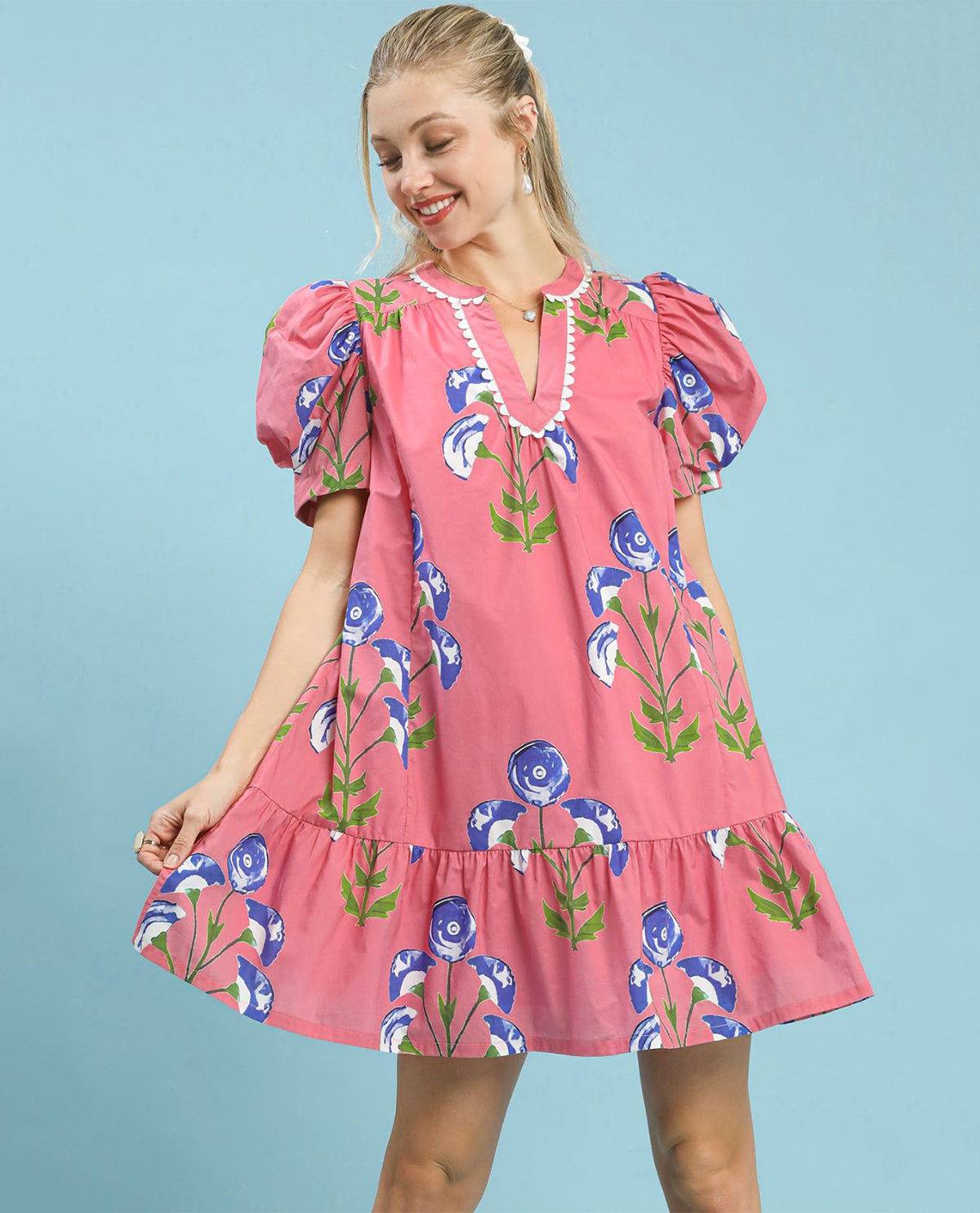 Flower Print Dress with Scallop Trim