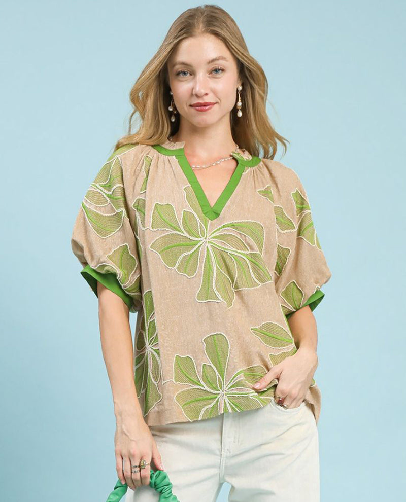 Floral Embroidered Top with Contrast Trim
