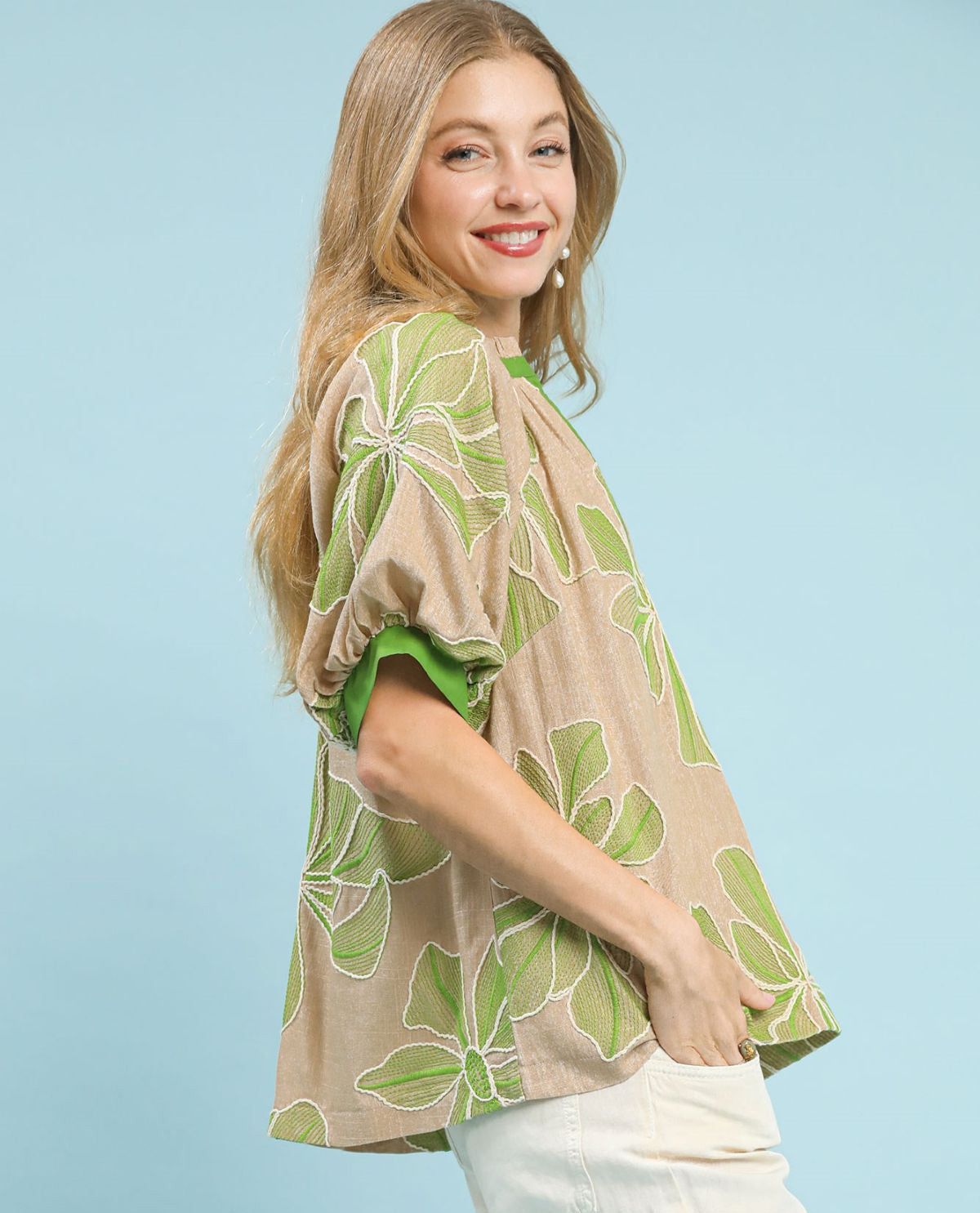 Floral Embroidered Top with Contrast Trim