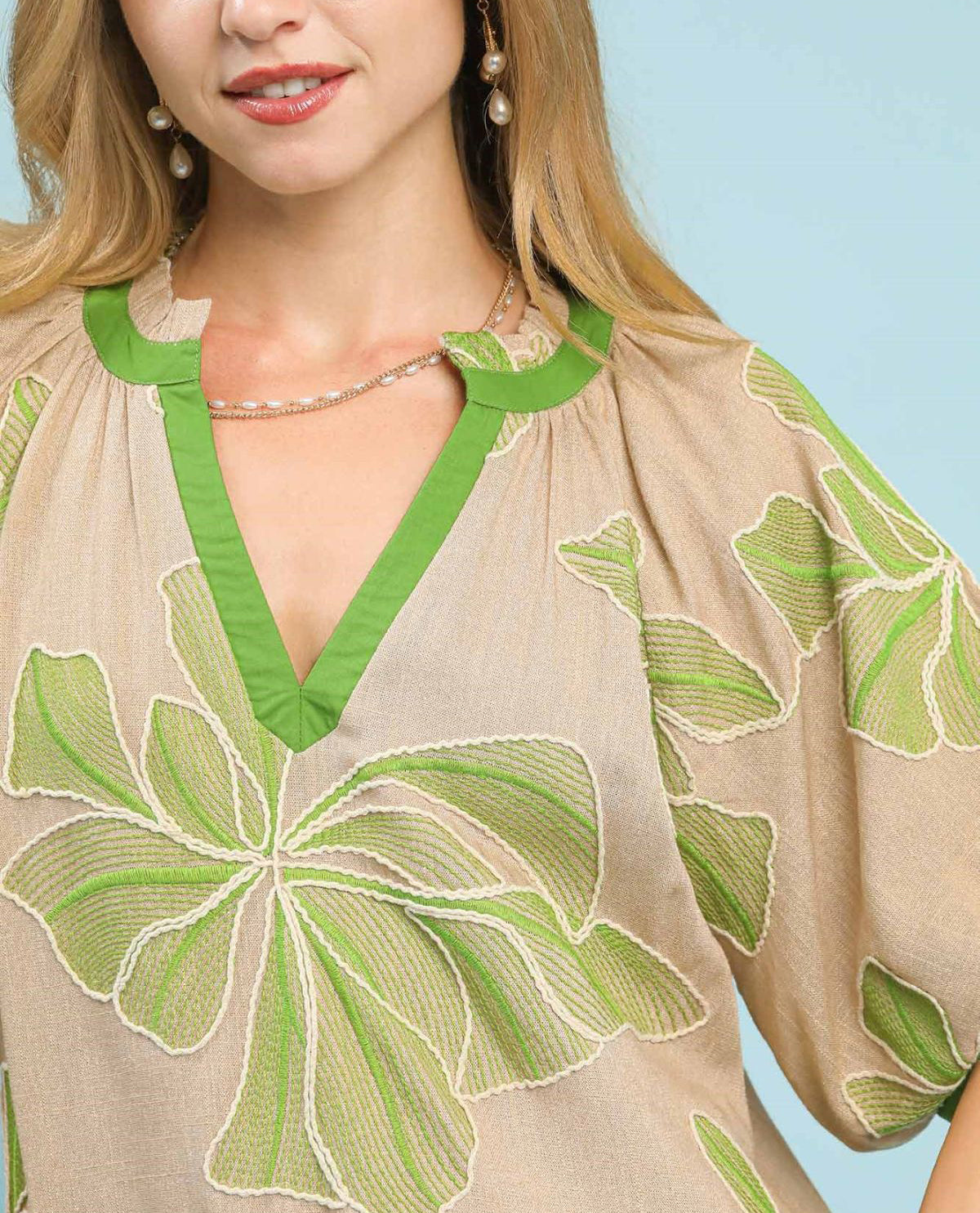Floral Embroidered Top with Contrast Trim