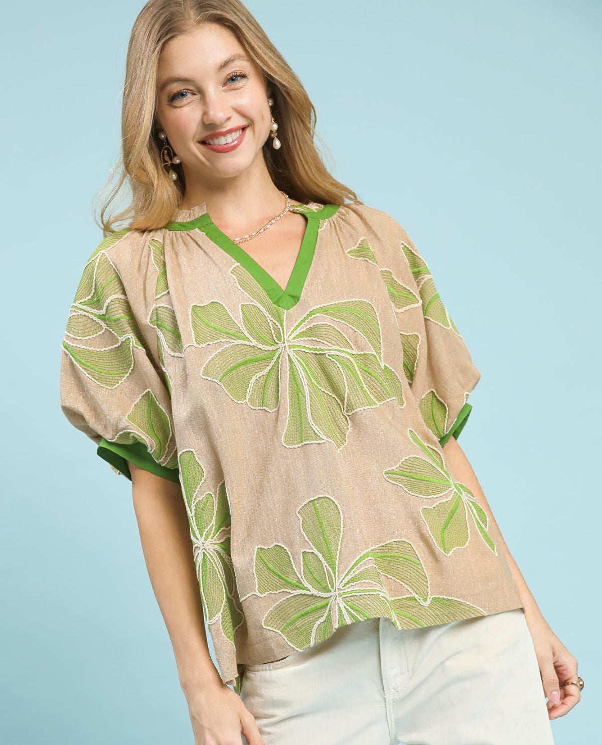 Floral Embroidered Top with Contrast Trim