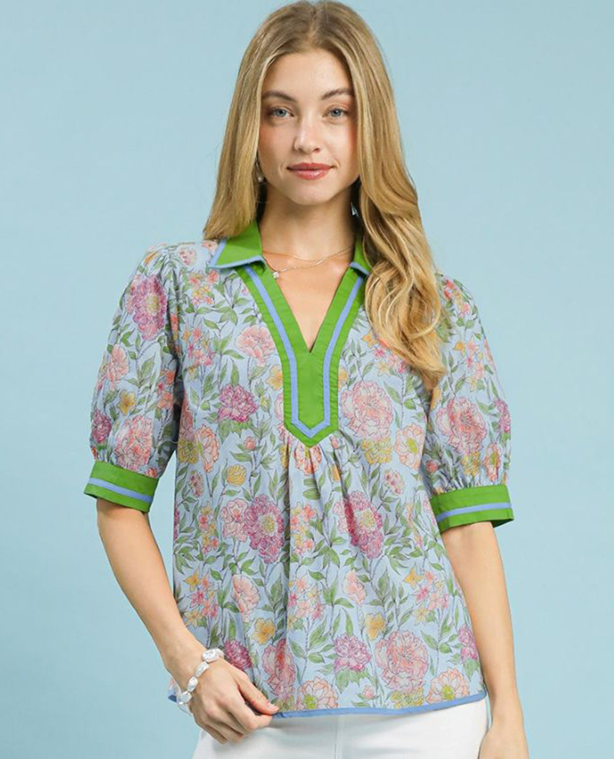 Mixed Floral Print Puff Sleeve Top