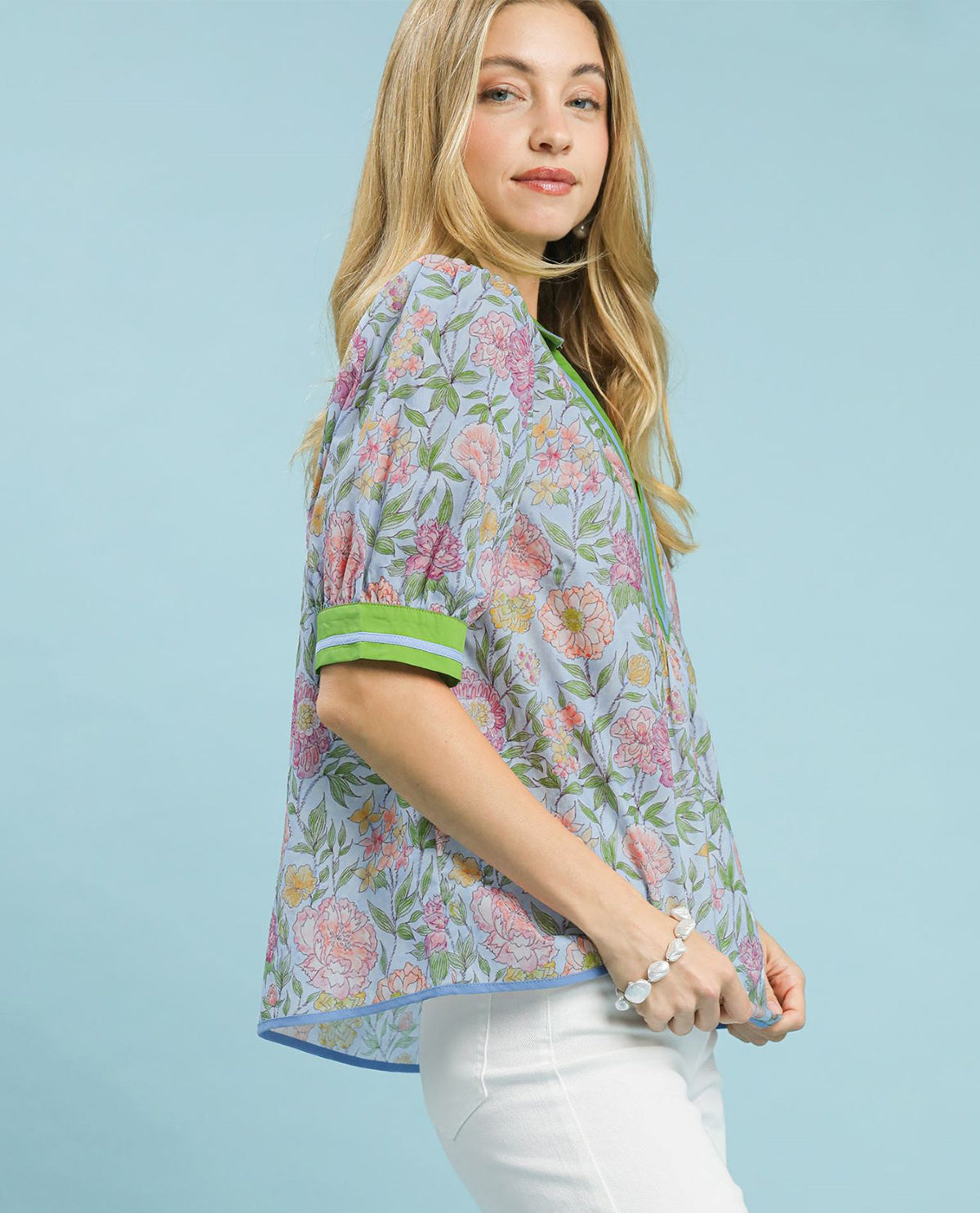 Mixed Floral Print Puff Sleeve Top