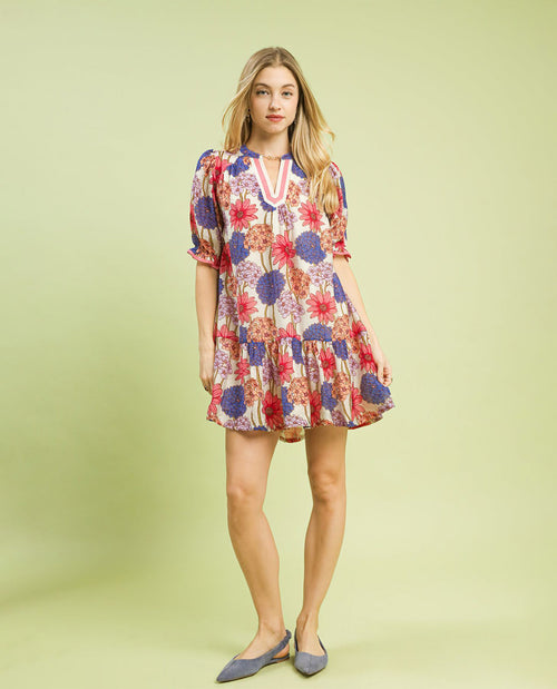 Umgee Flower Print Dress with Contrast Mint Trim and Short Puff Sleeves