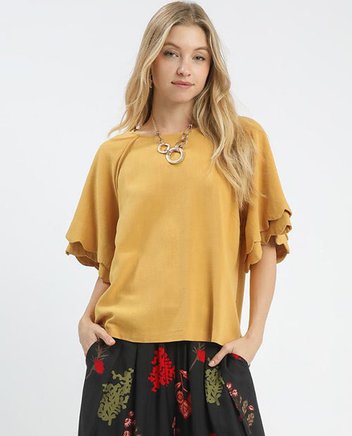 Linen Scallop Solid Ruffle Sleeve Top