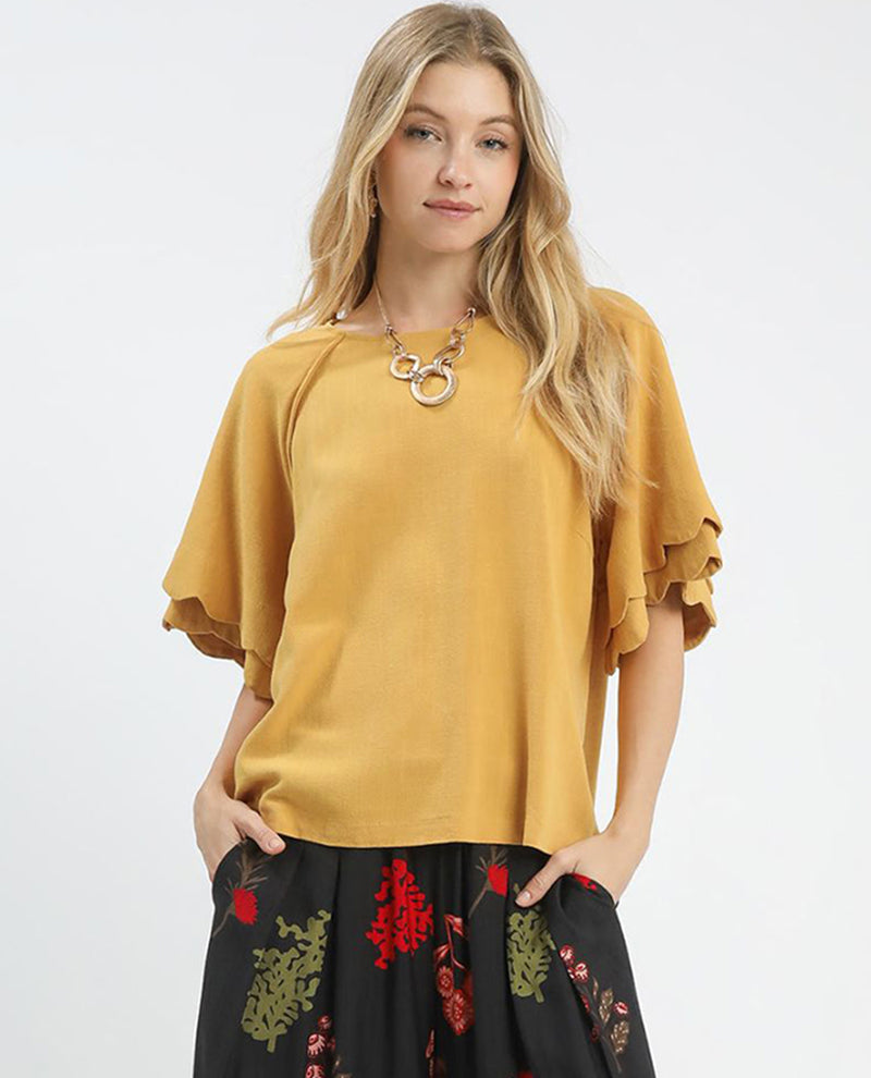 Linen Scallop Solid Ruffle Sleeve Top
