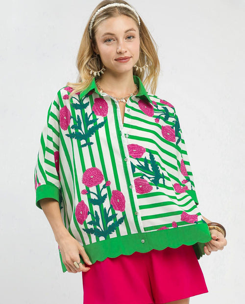 Mixed Stripe & Floral Button Down Top