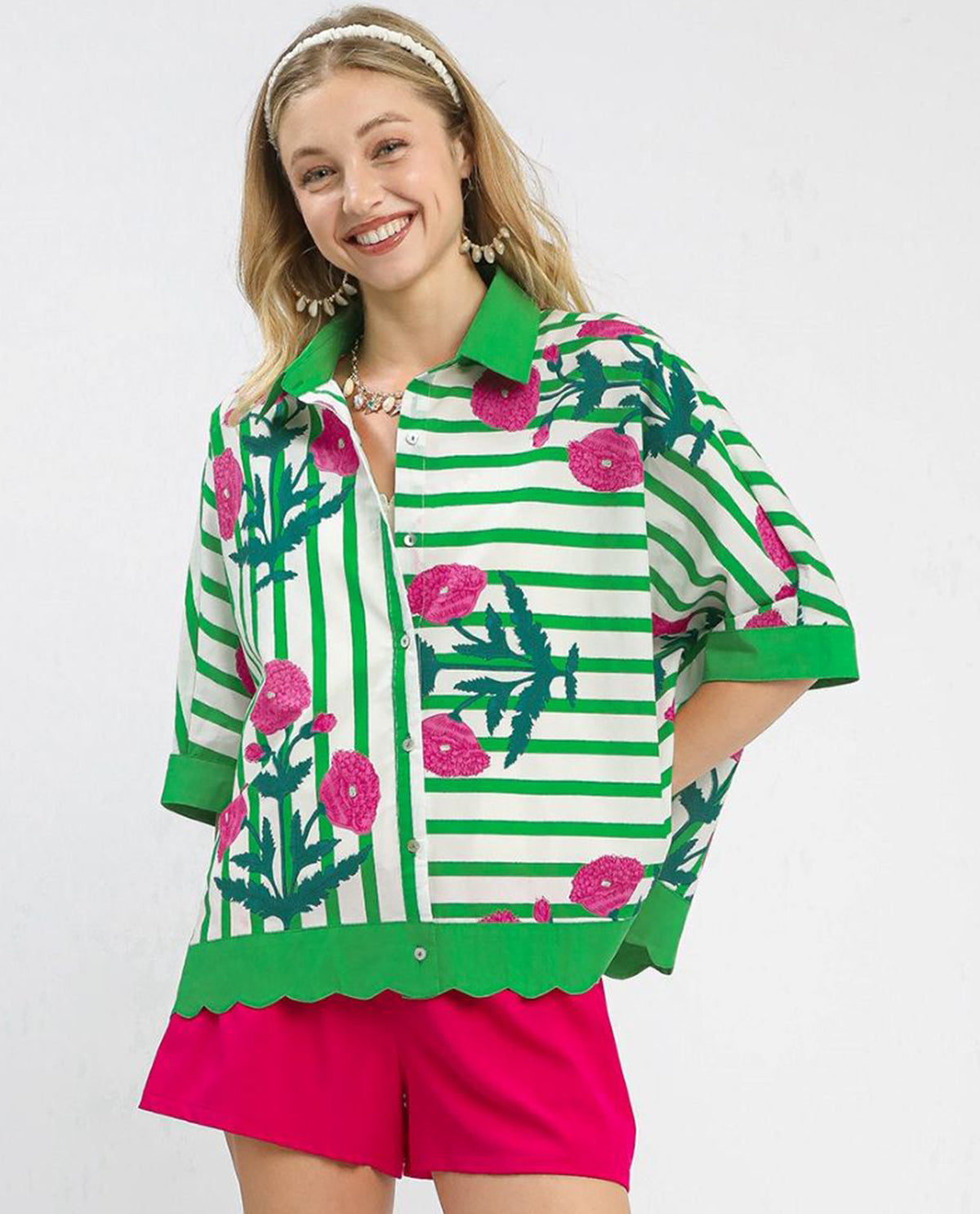 Mixed Stripe & Floral Button Down Top