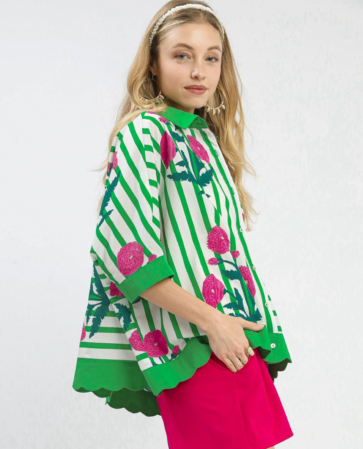 Mixed Stripe & Floral Button Down Top