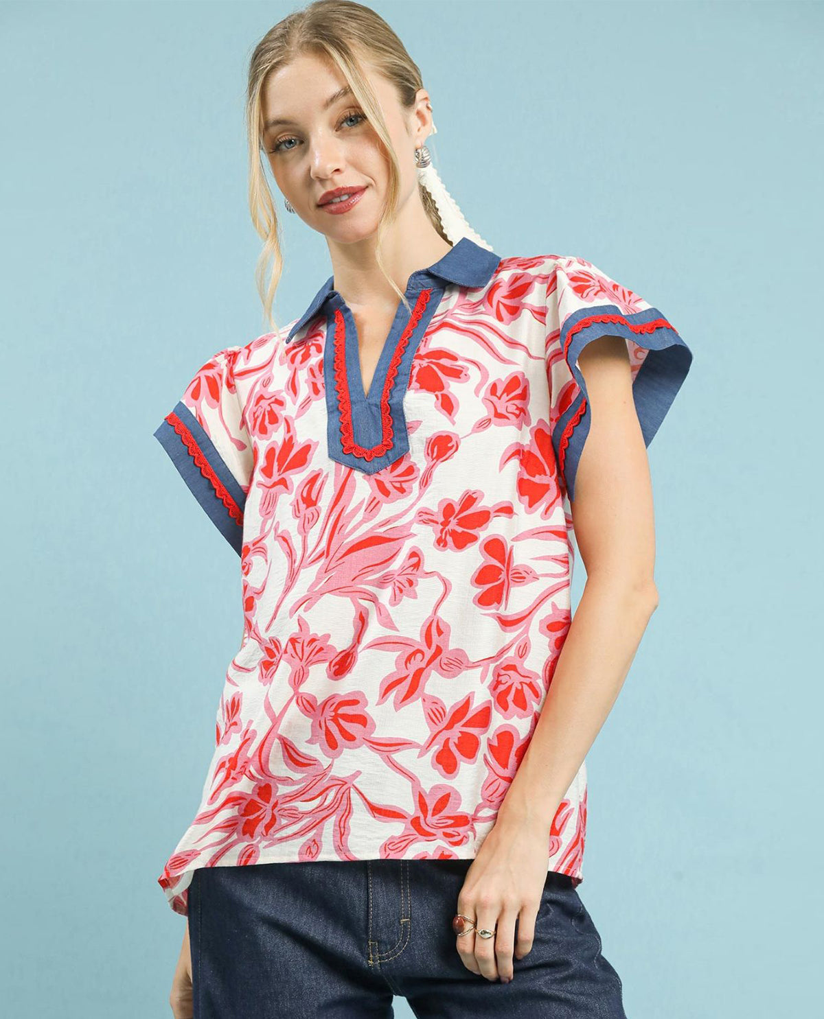Floral Print Split Neck Collar Top