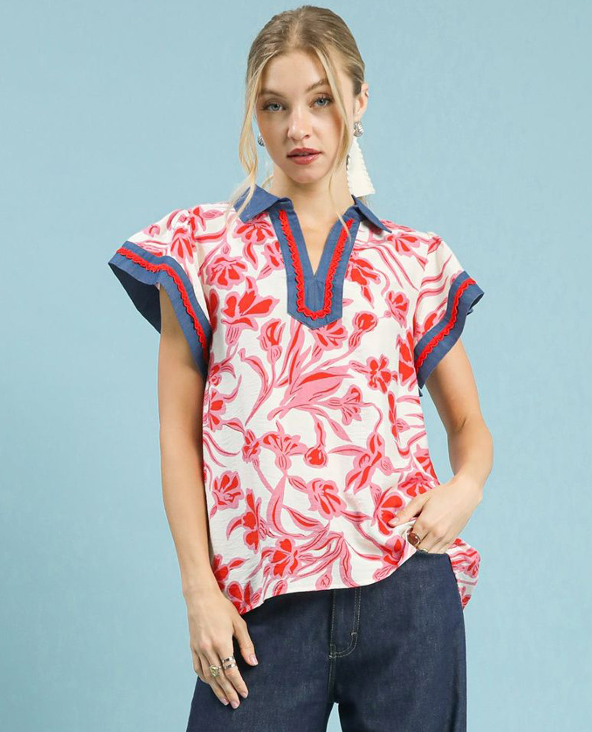 Floral Print Split Neck Collar Top