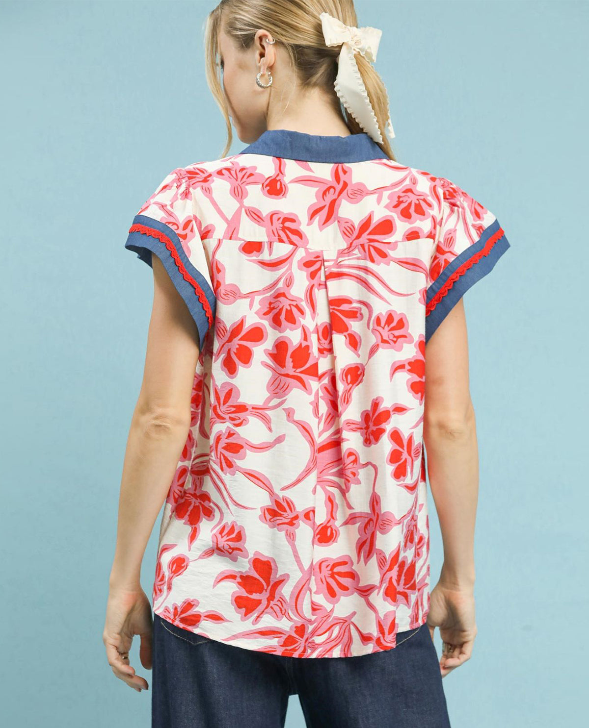 Floral Print Split Neck Collar Top