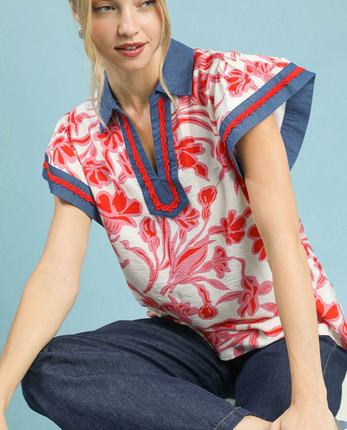 Floral Print Split Neck Collar Top