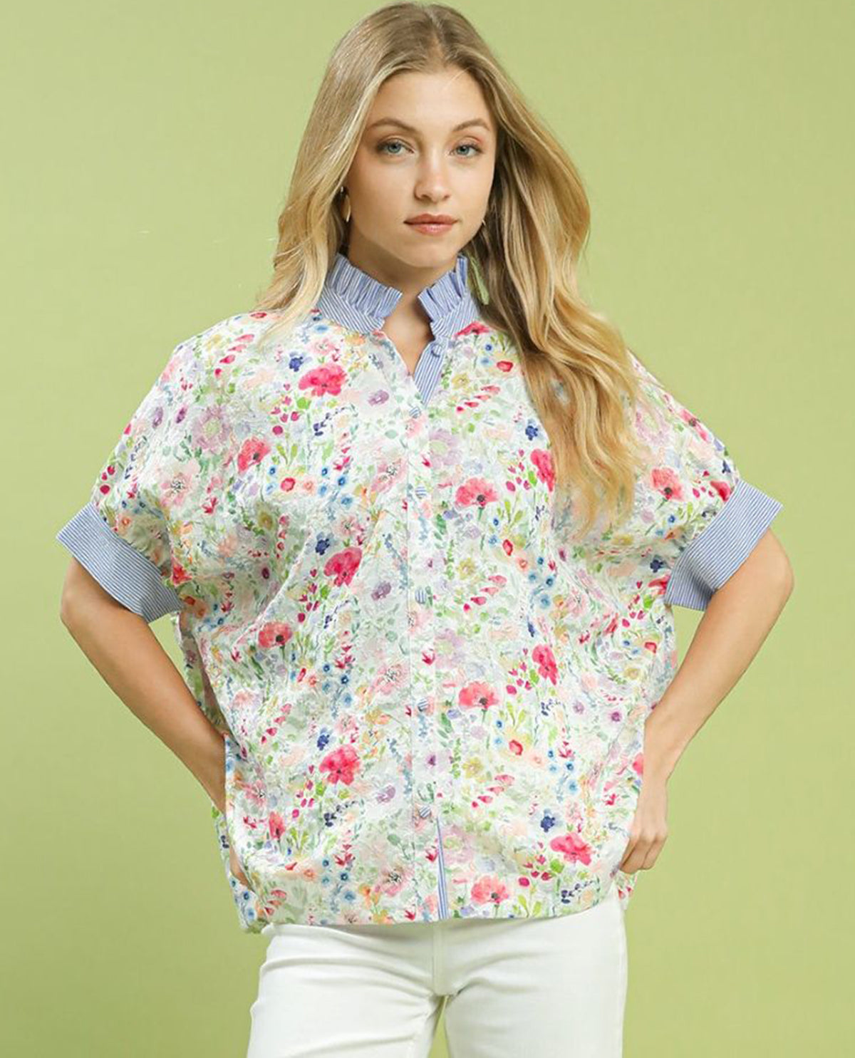 Floral Button Down High Neck Print Top