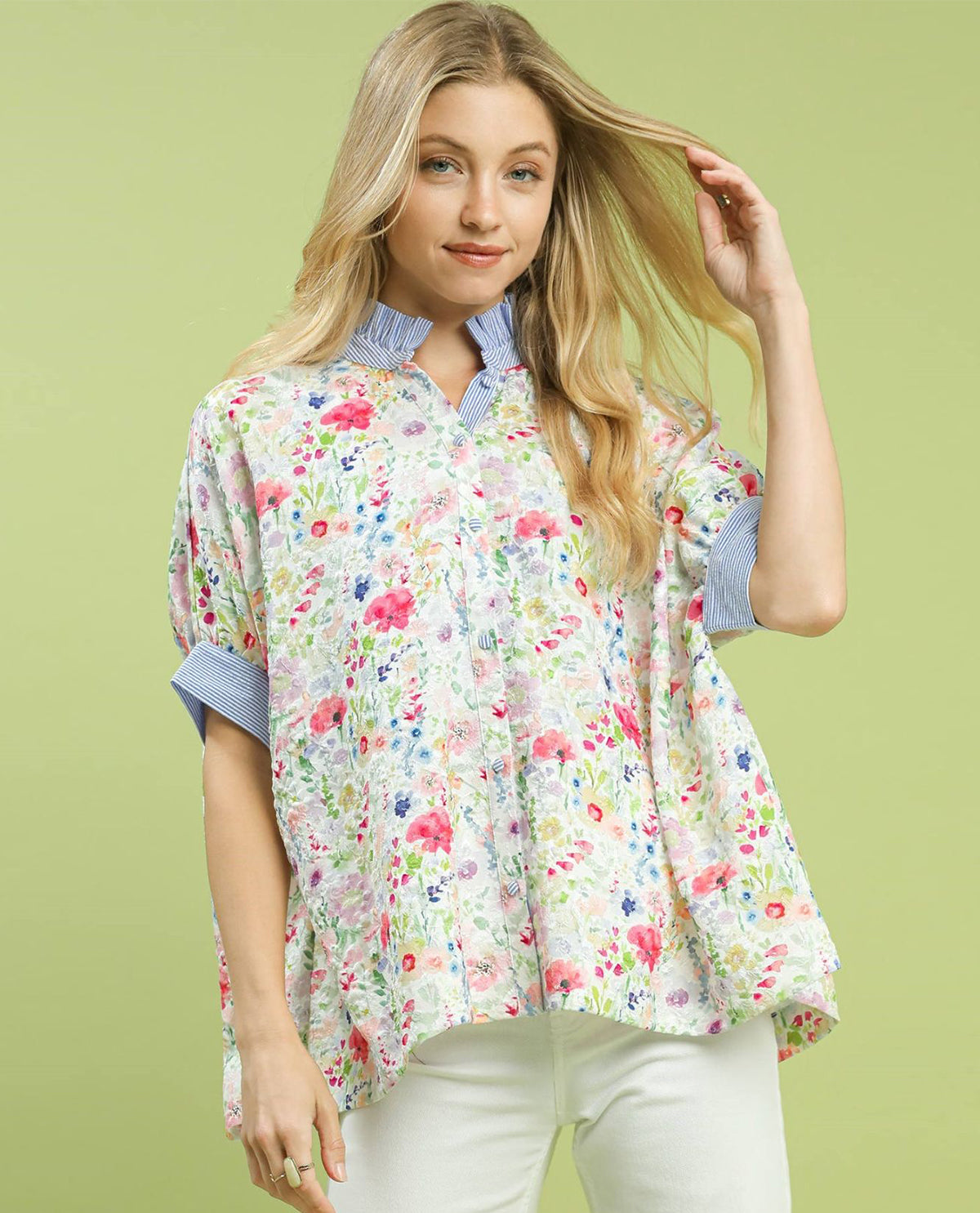 Floral Button Down High Neck Print Top