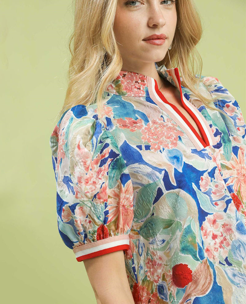 Jacquard Print Top with Short Puff Sleeves and Striped Contrast Cuffs