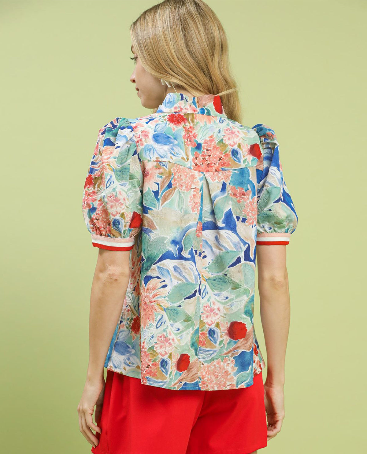 Jacquard Print Top with Short Puff Sleeves and Striped Contrast Cuffs