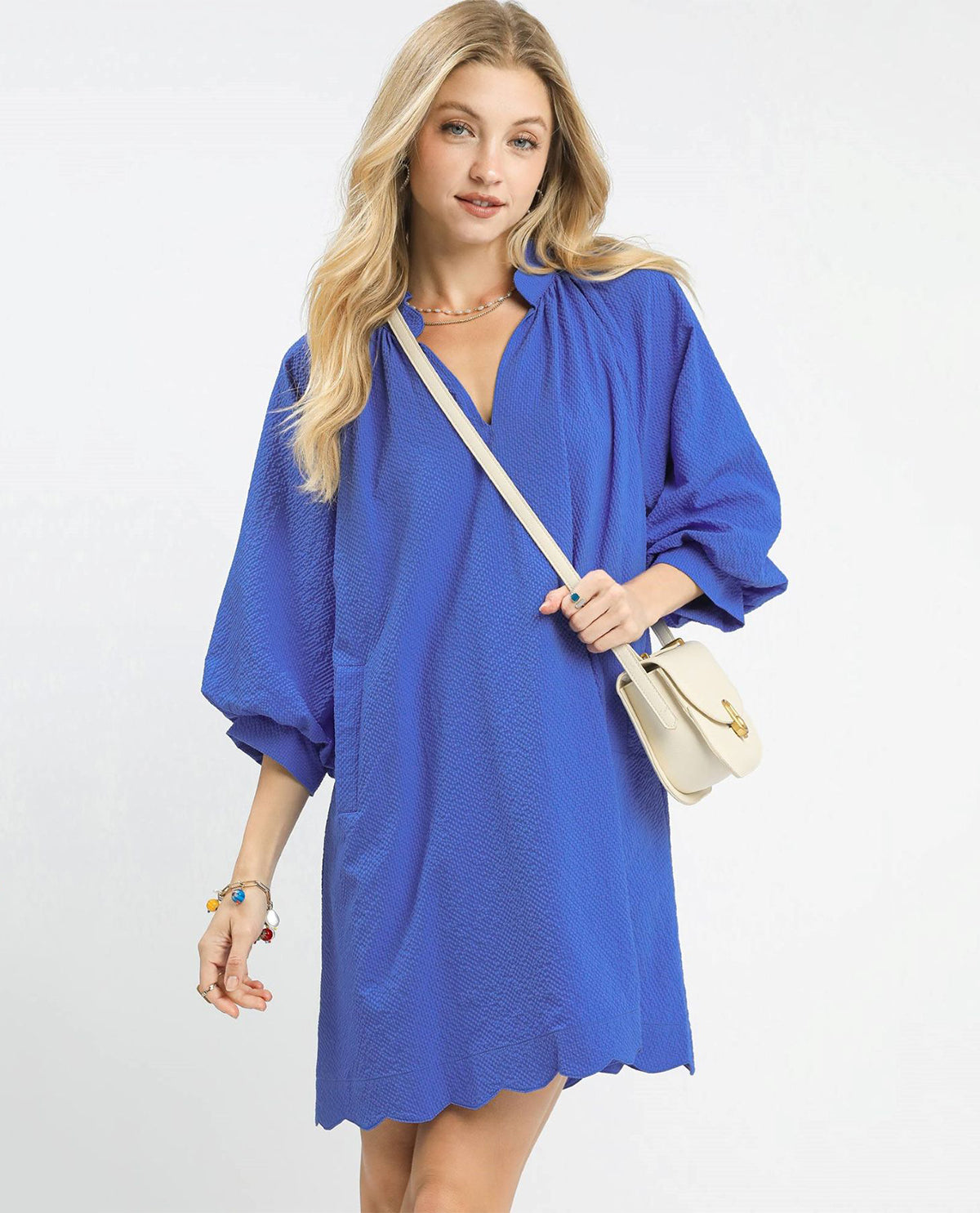 Solid Split V Neck Dress with Side Pockets