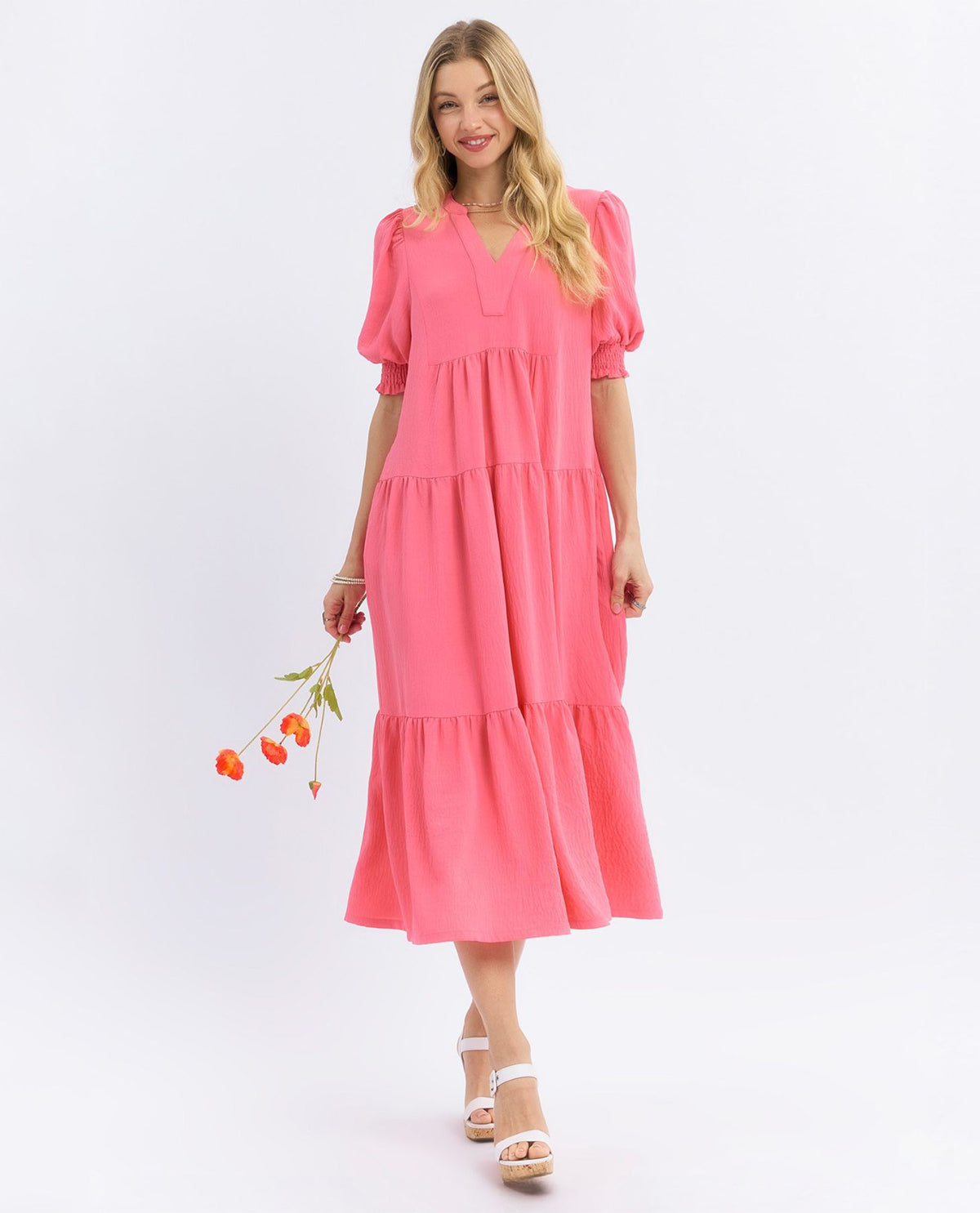 Solid V-neck Tiered Dress