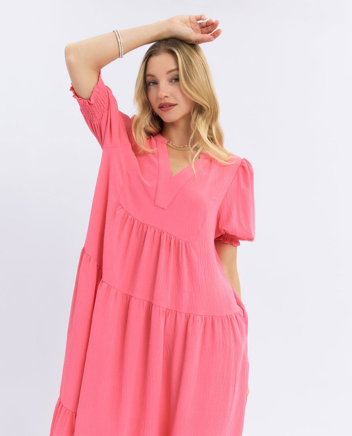 Solid V-neck Tiered Dress