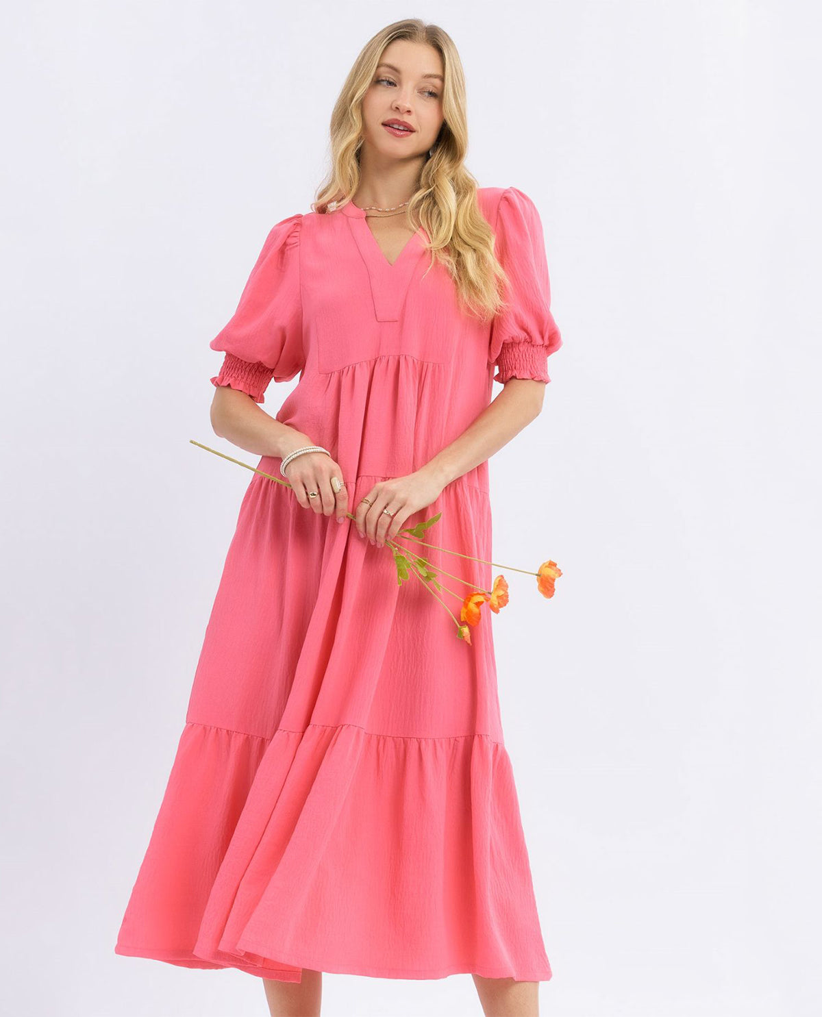 Solid V-neck Tiered Dress