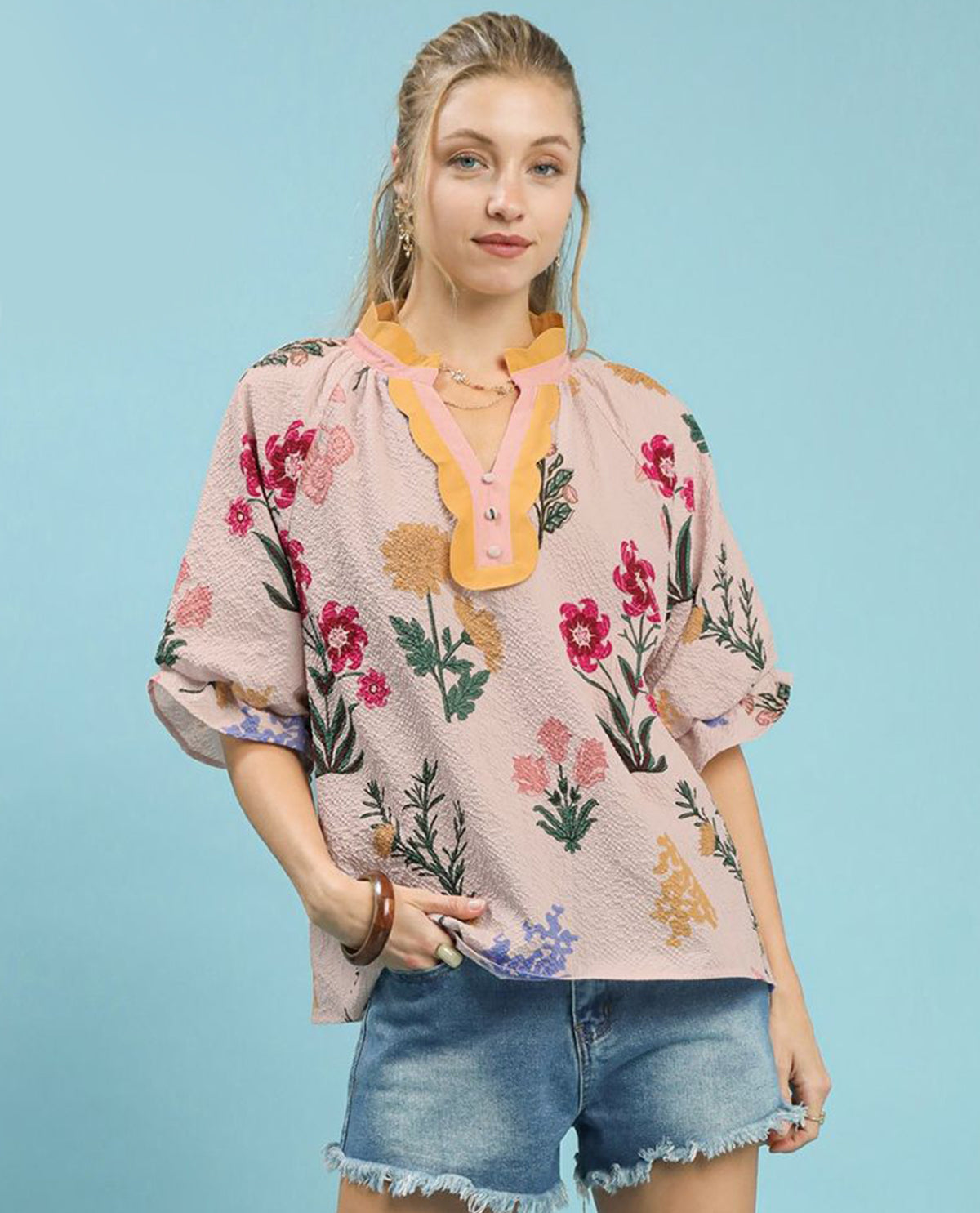 Floral Print Top with Contrast Trim Collar