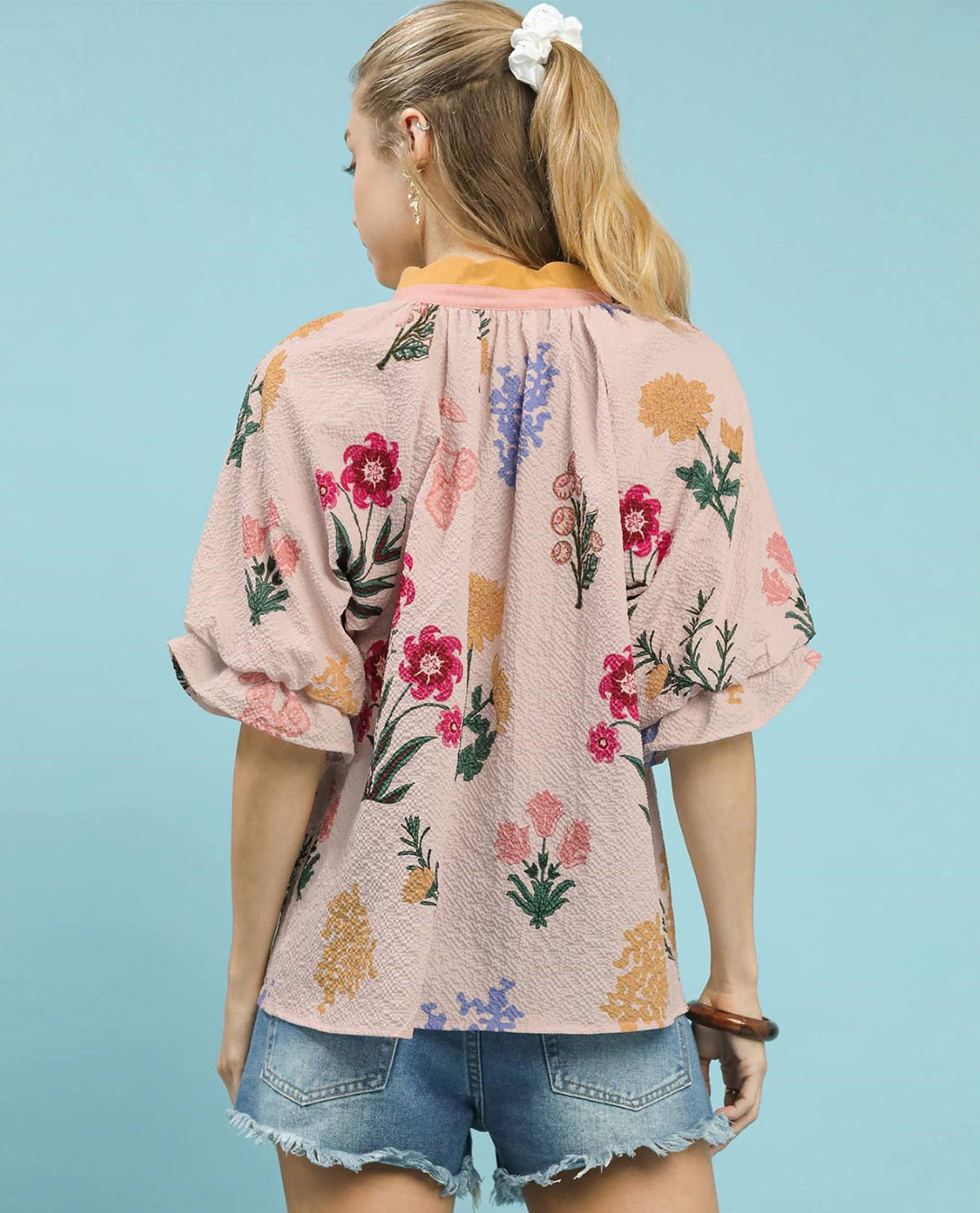 Floral Print Top with Contrast Trim Collar