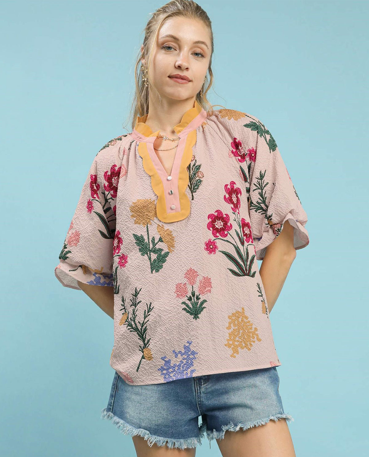 Floral Print Top with Contrast Trim Collar