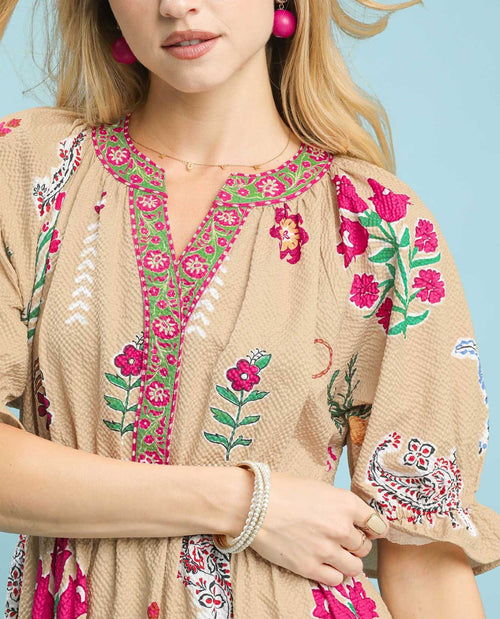 Umgee Print Tiered V-neck Dress