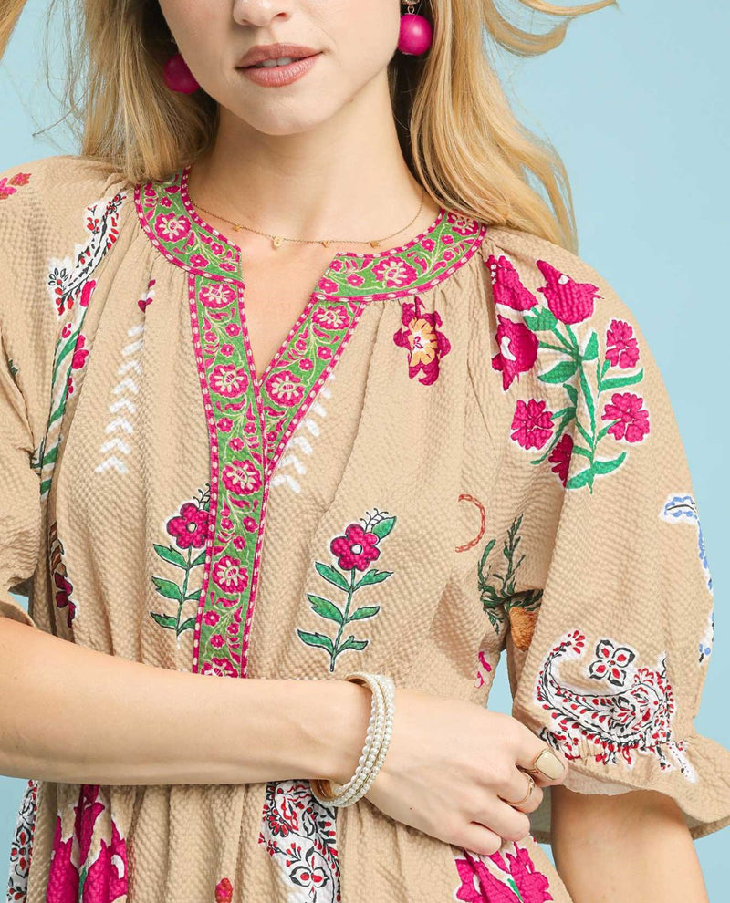 Umgee Print Tiered V-neck Dress