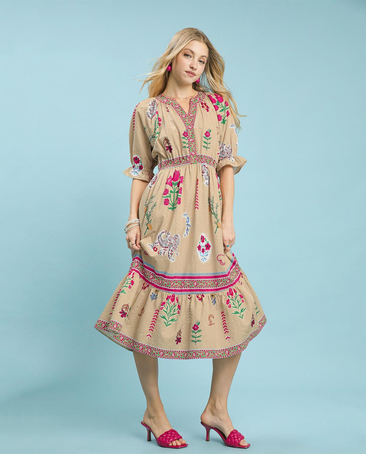 Umgee Print Tiered V-neck Dress