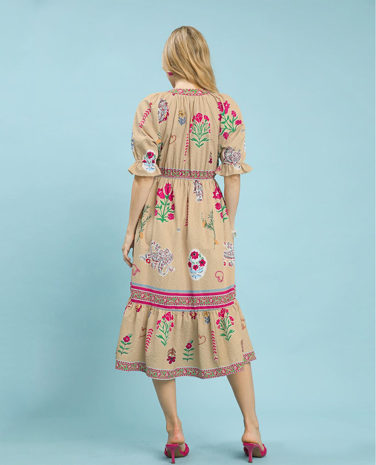 Umgee Print Tiered V-neck Dress