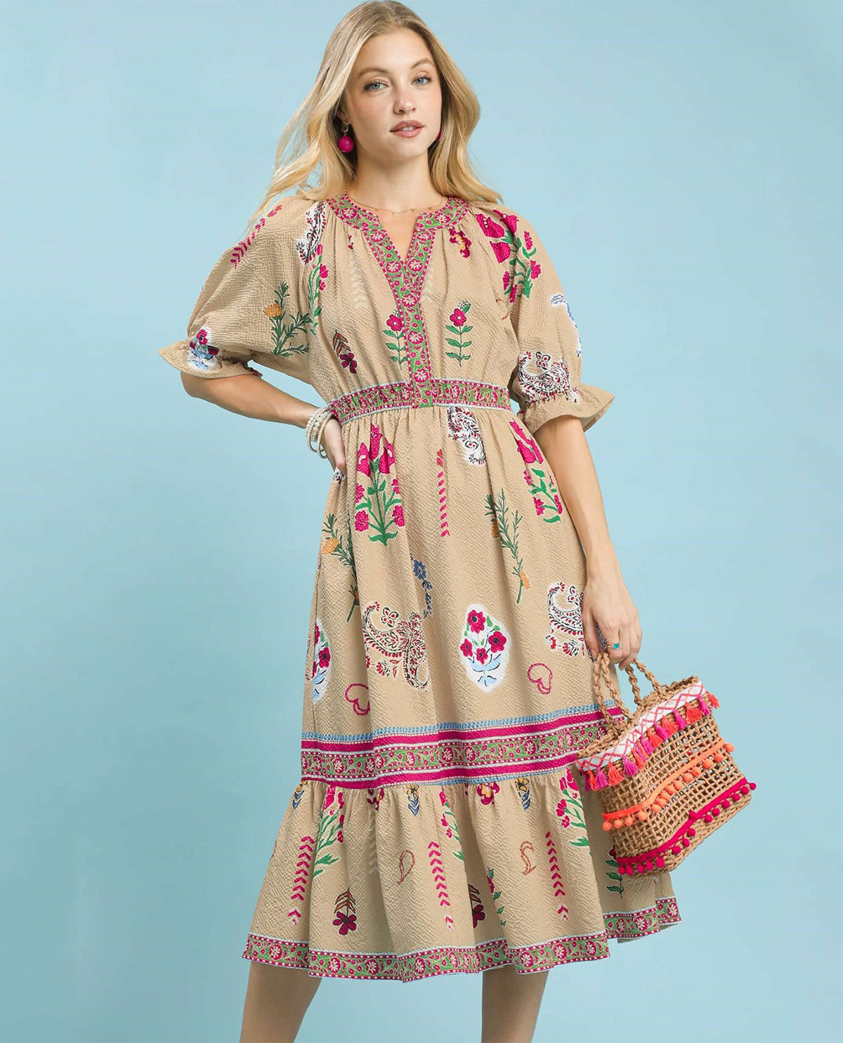 Umgee Print Tiered V-neck Dress