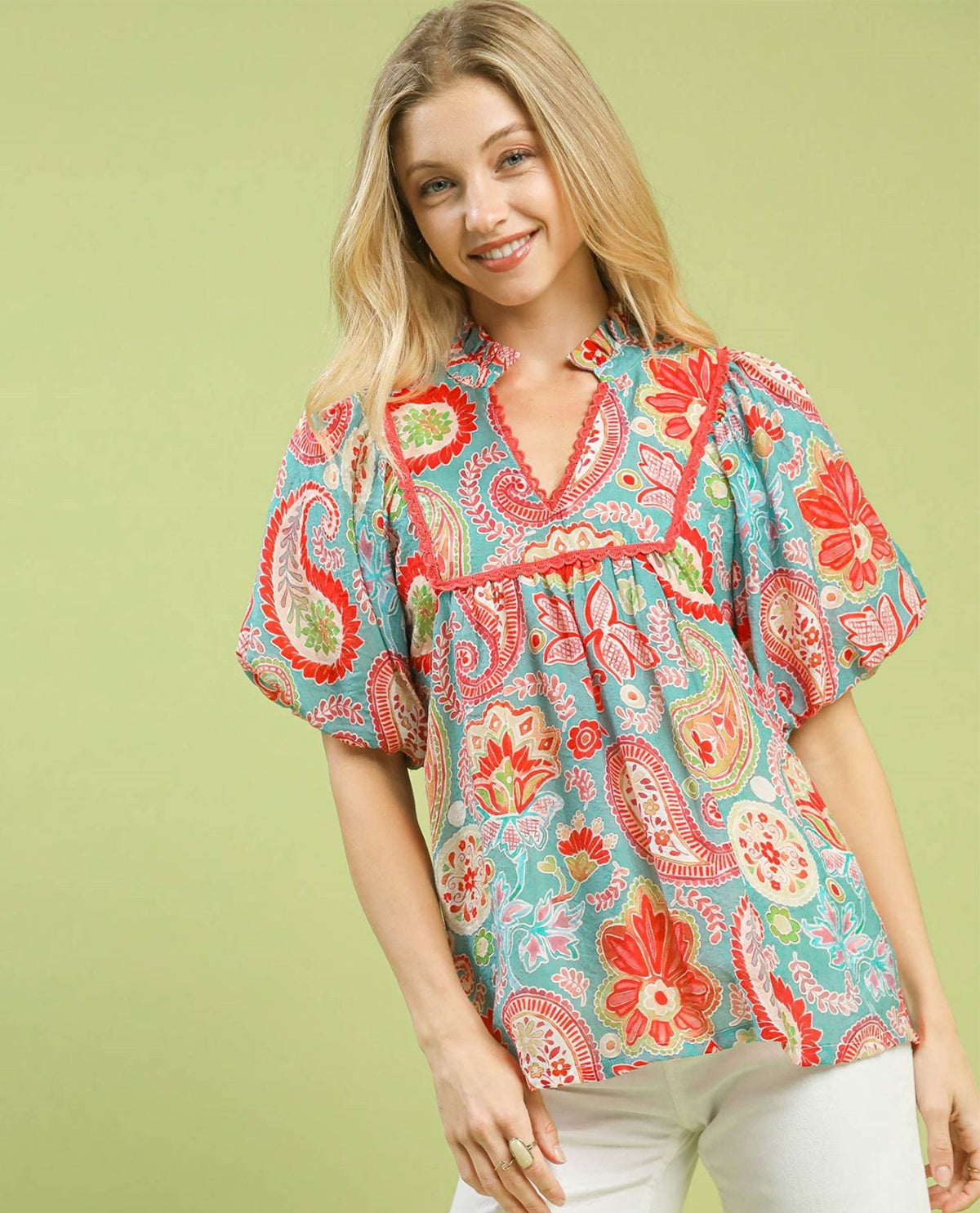 Mix Paisley Print Top with Puff Sleeves