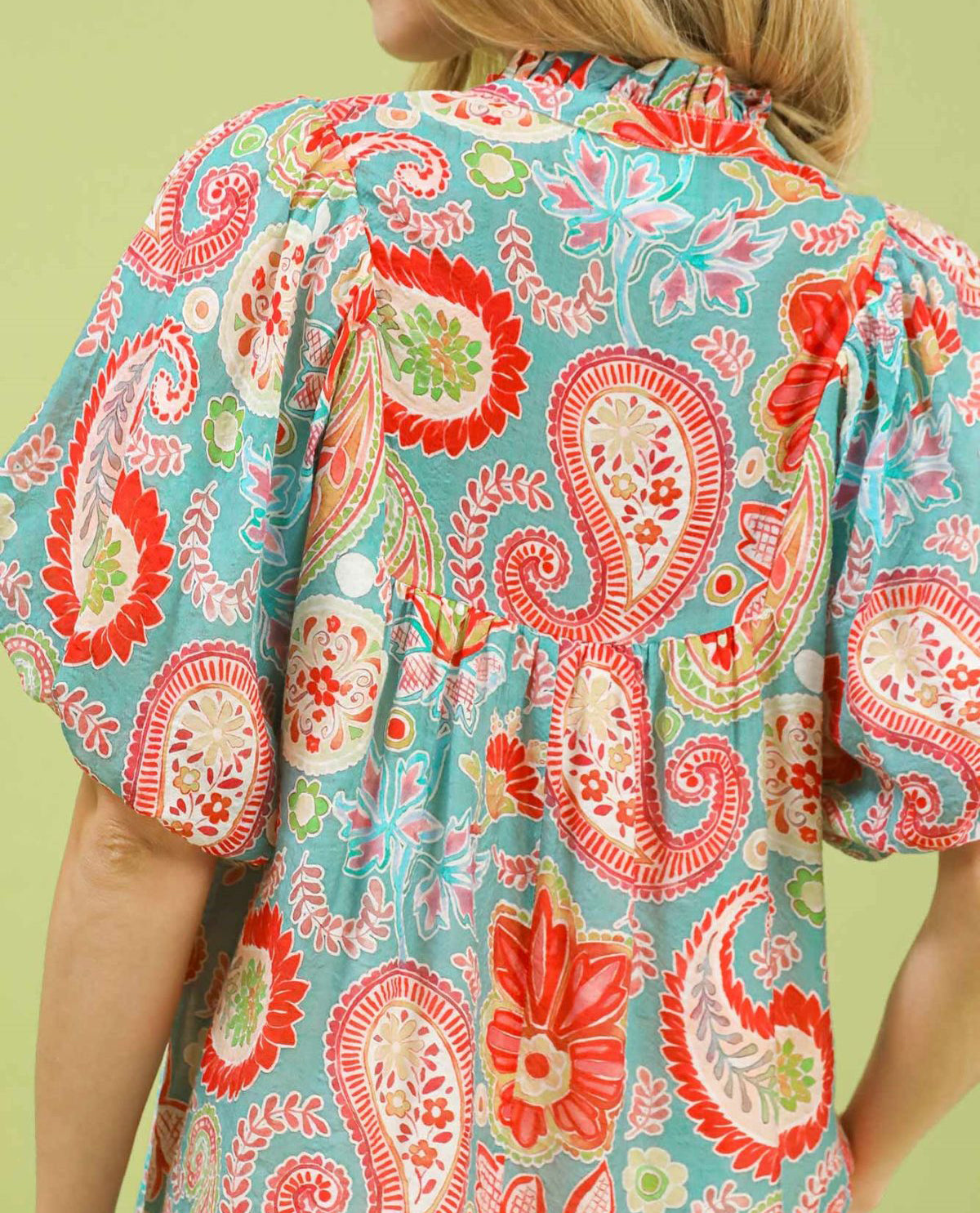 Mix Paisley Print Top with Puff Sleeves