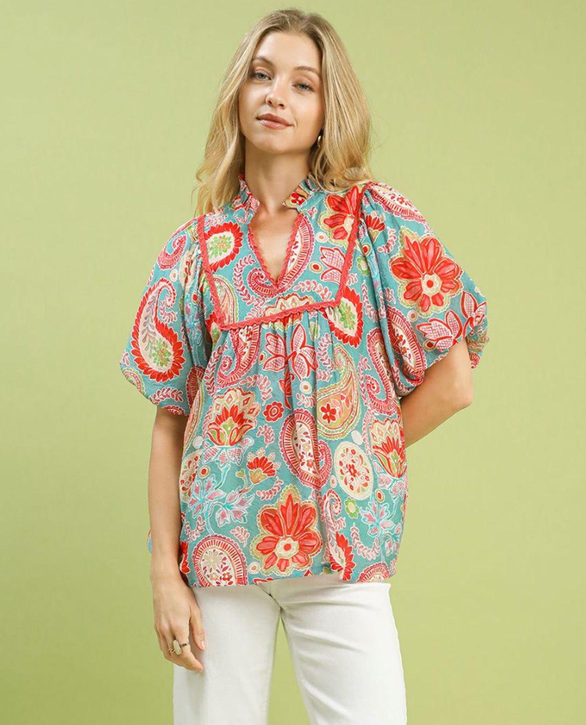 Mix Paisley Print Top with Puff Sleeves