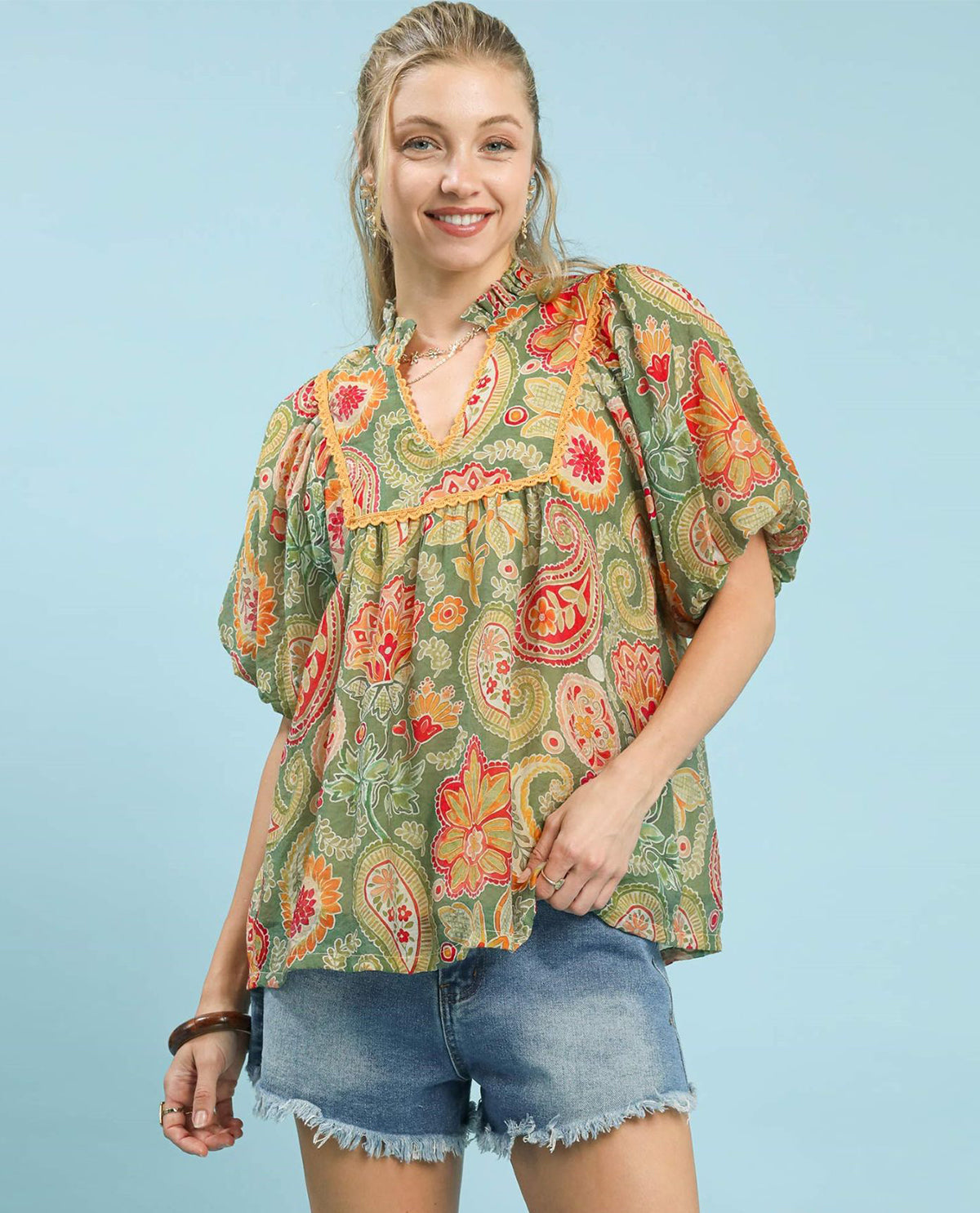 Mix Paisley Print Top with Puff Sleeves