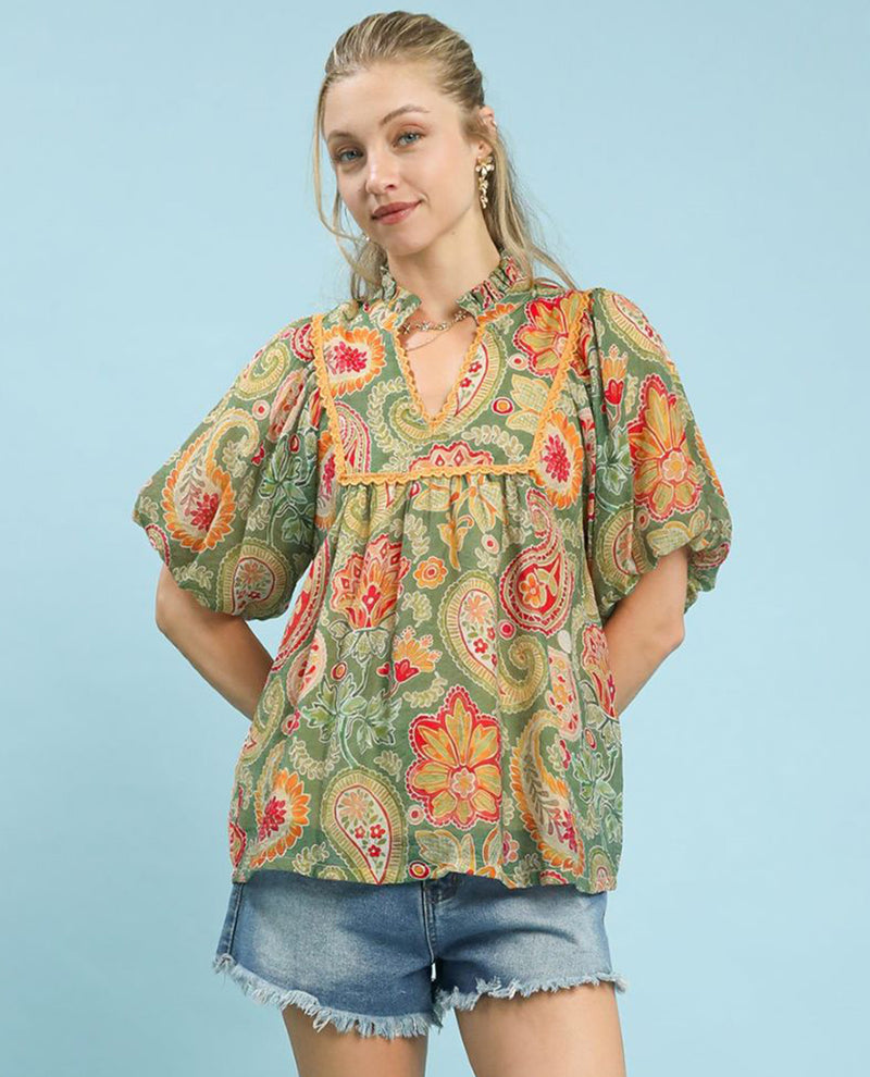 Mix Paisley Print Top with Puff Sleeves