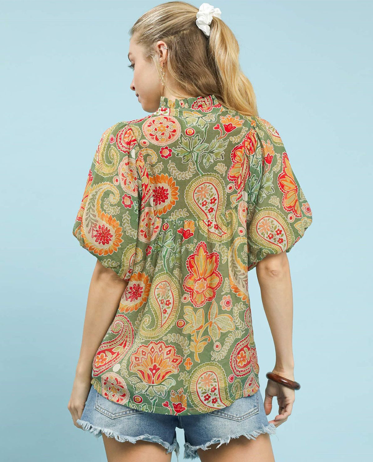 Mix Paisley Print Top with Puff Sleeves