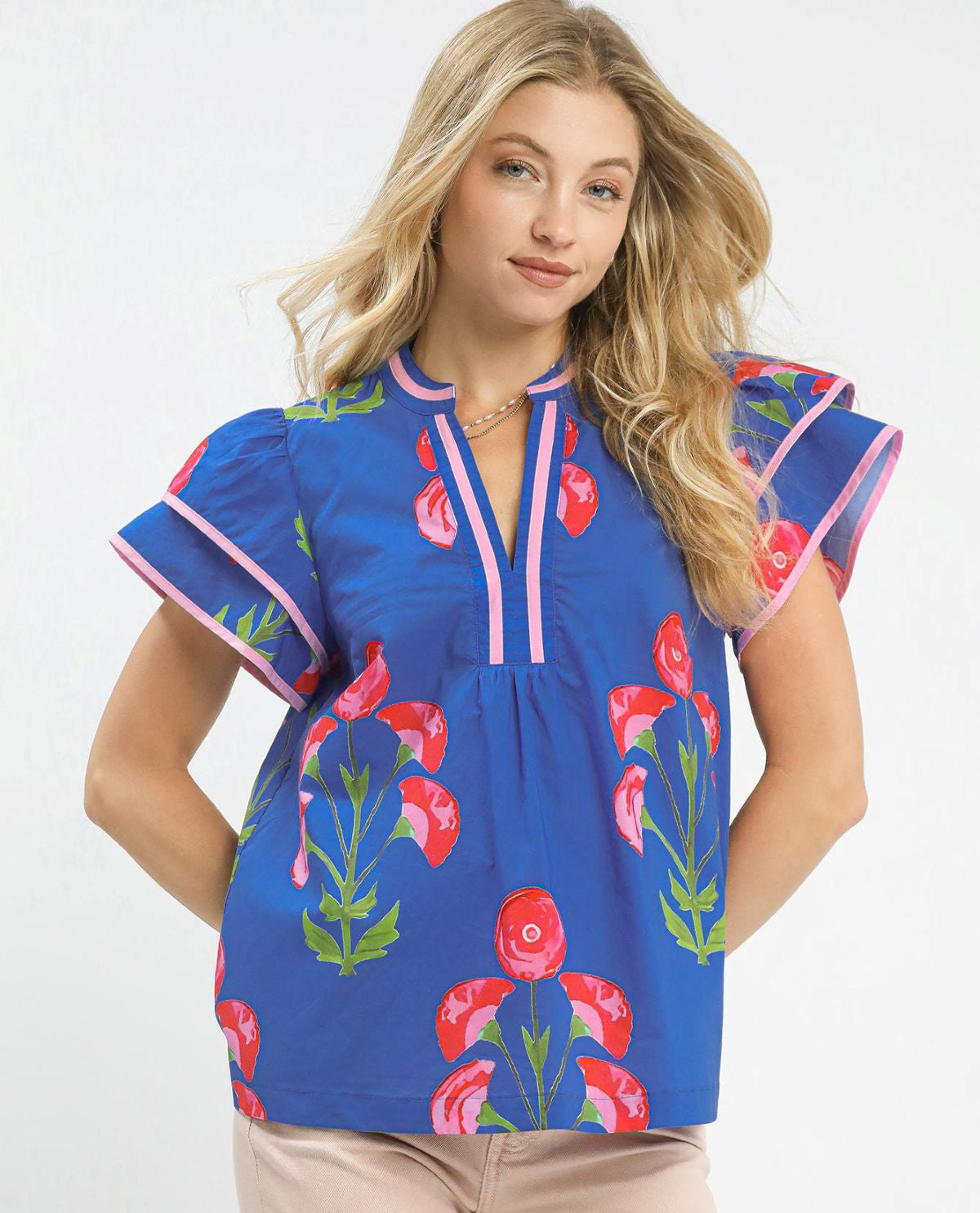 Blossom Meadow Print Top with Short Flutter Sleeves