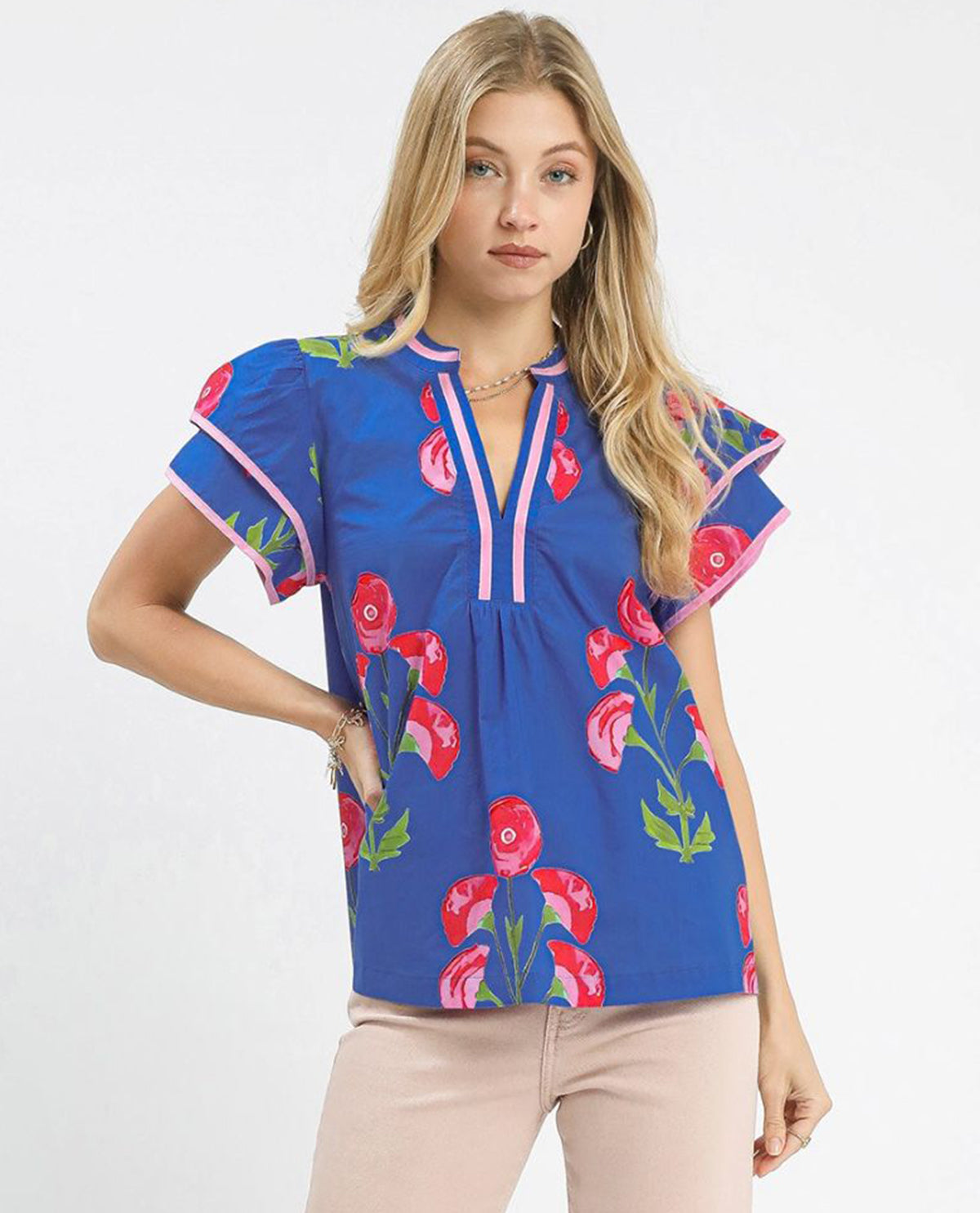 Blossom Meadow Print Top with Short Flutter Sleeves