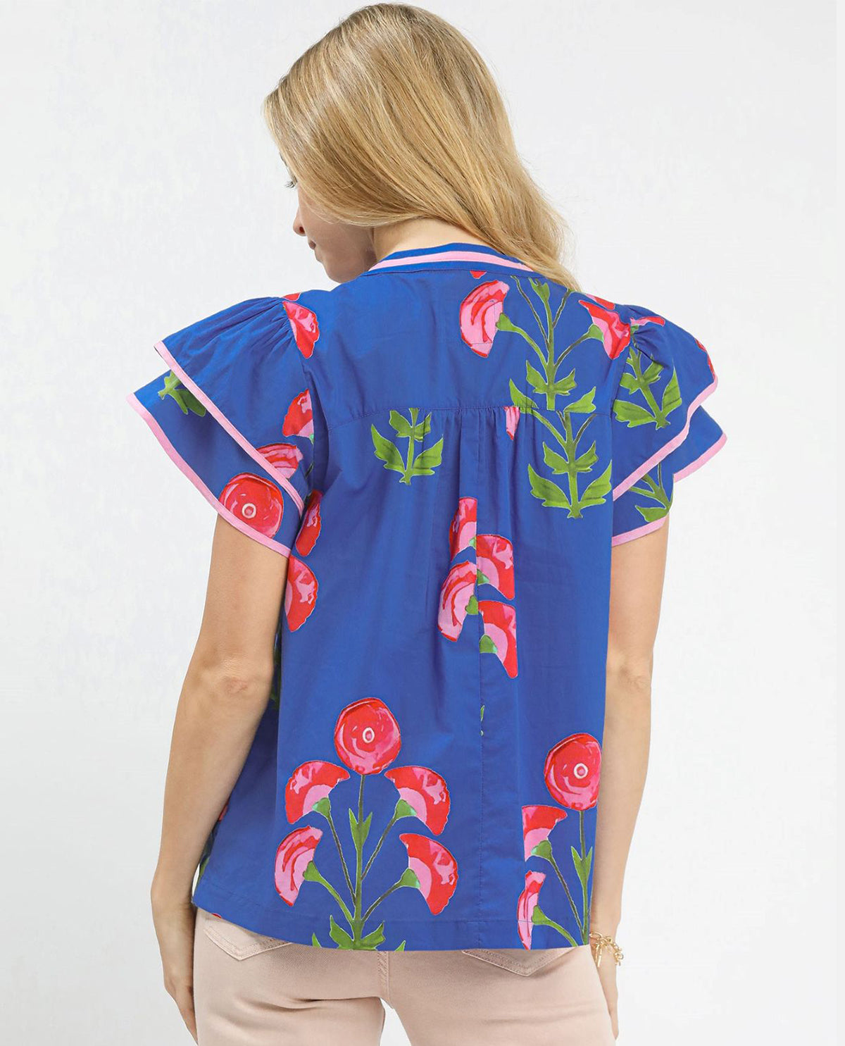 Blossom Meadow Print Top with Short Flutter Sleeves