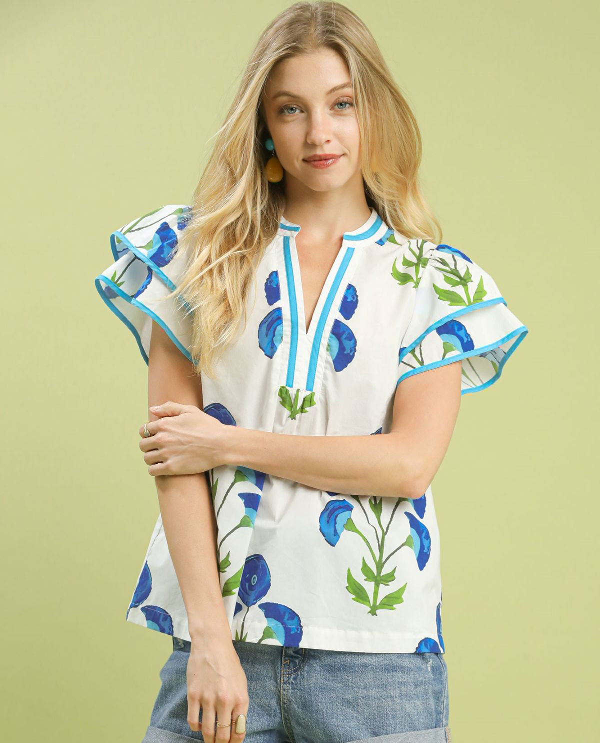 Blossom Meadow Print Top with Short Flutter Sleeves