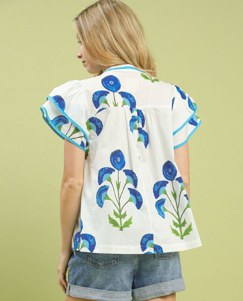 Blossom Meadow Print Top with Short Flutter Sleeves