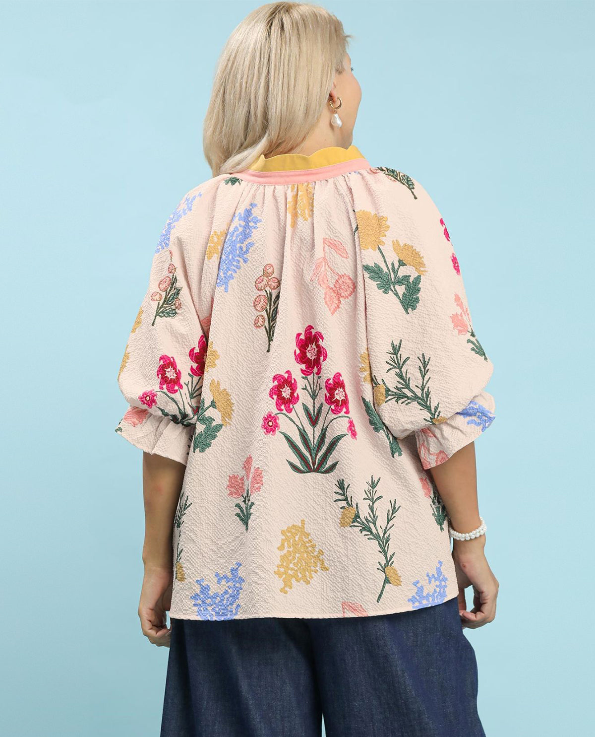 Umgee Plus Floral Print Top with Contrast Collar