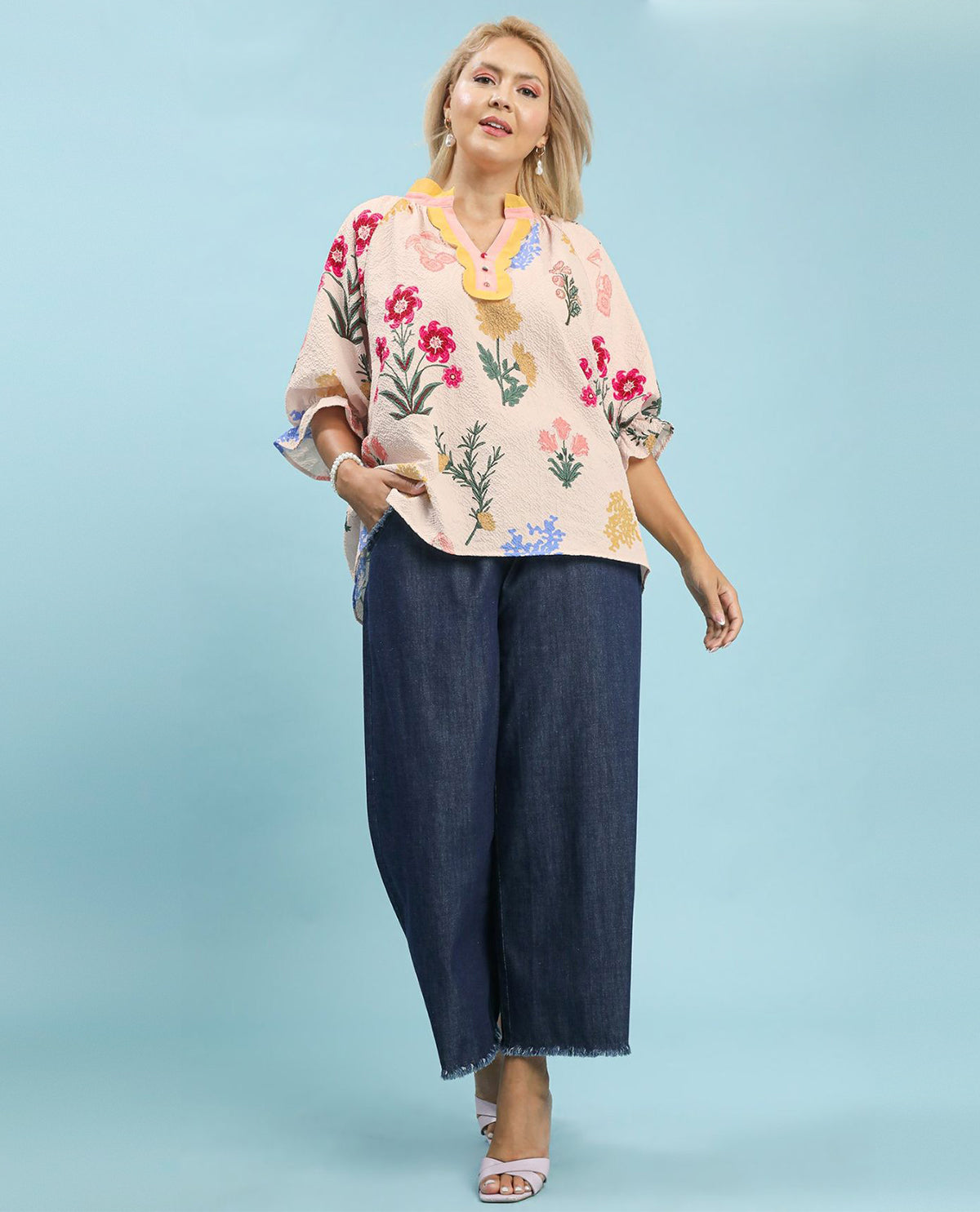 Umgee Plus Floral Print Top with Contrast Collar