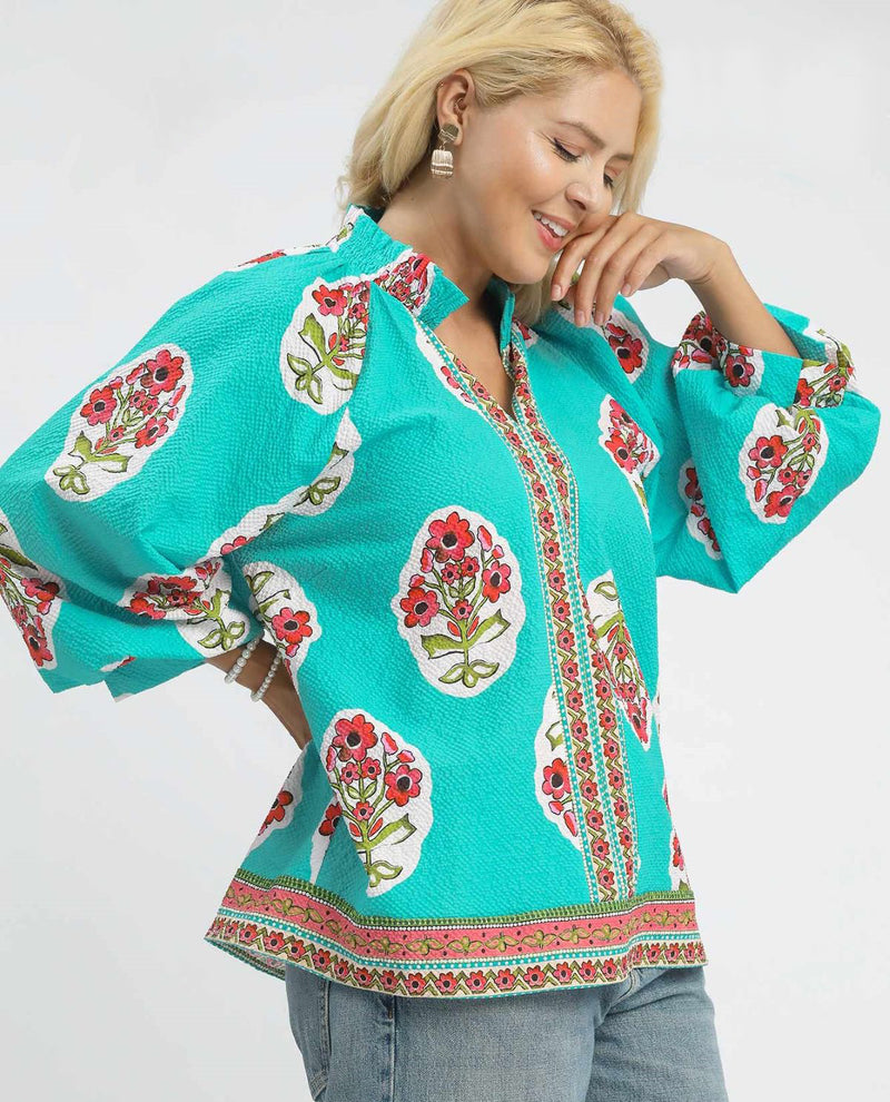 Umgee Plus Boho Print Puff Sleeve Top with Split V-Neck