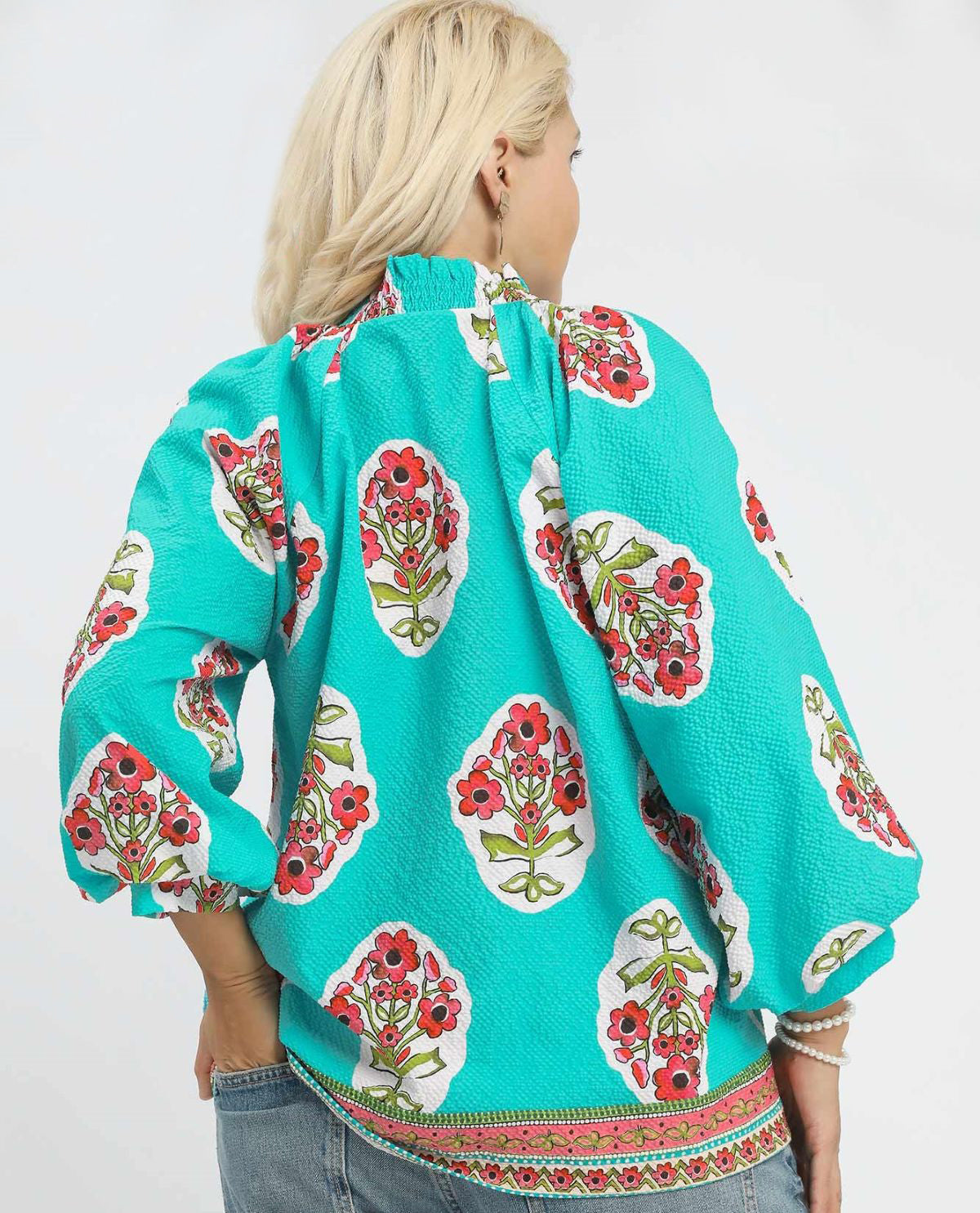 Umgee Plus Boho Print Puff Sleeve Top with Split V-Neck