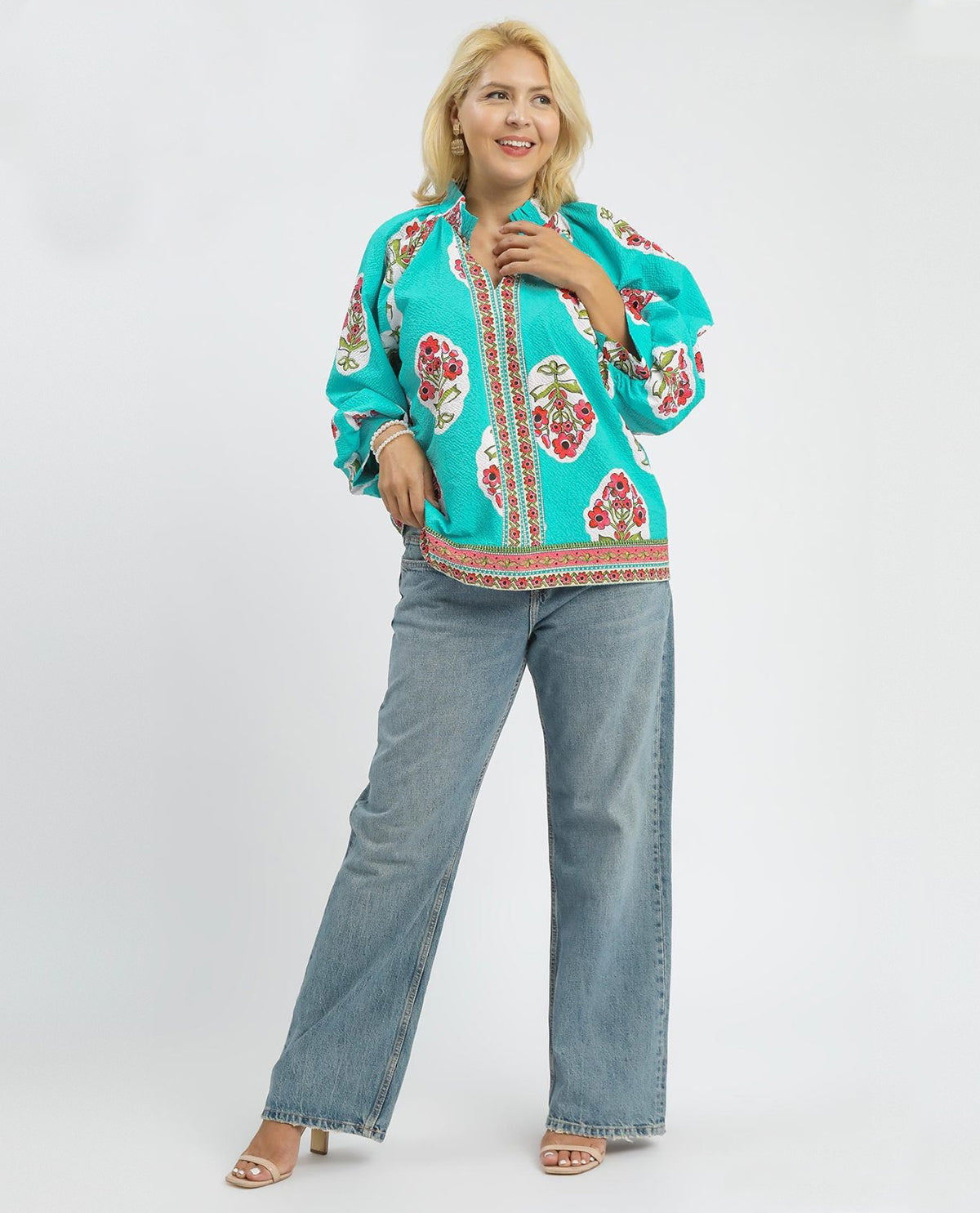 Umgee Plus Boho Print Puff Sleeve Top with Split V-Neck