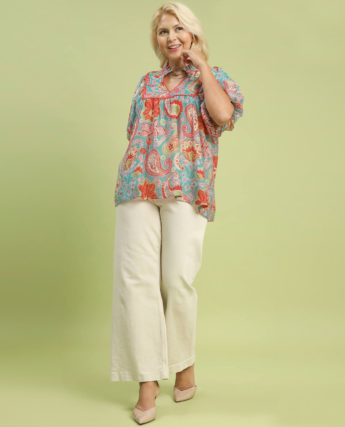 Umgee Plus Paisley Print Top with Puff Sleeves